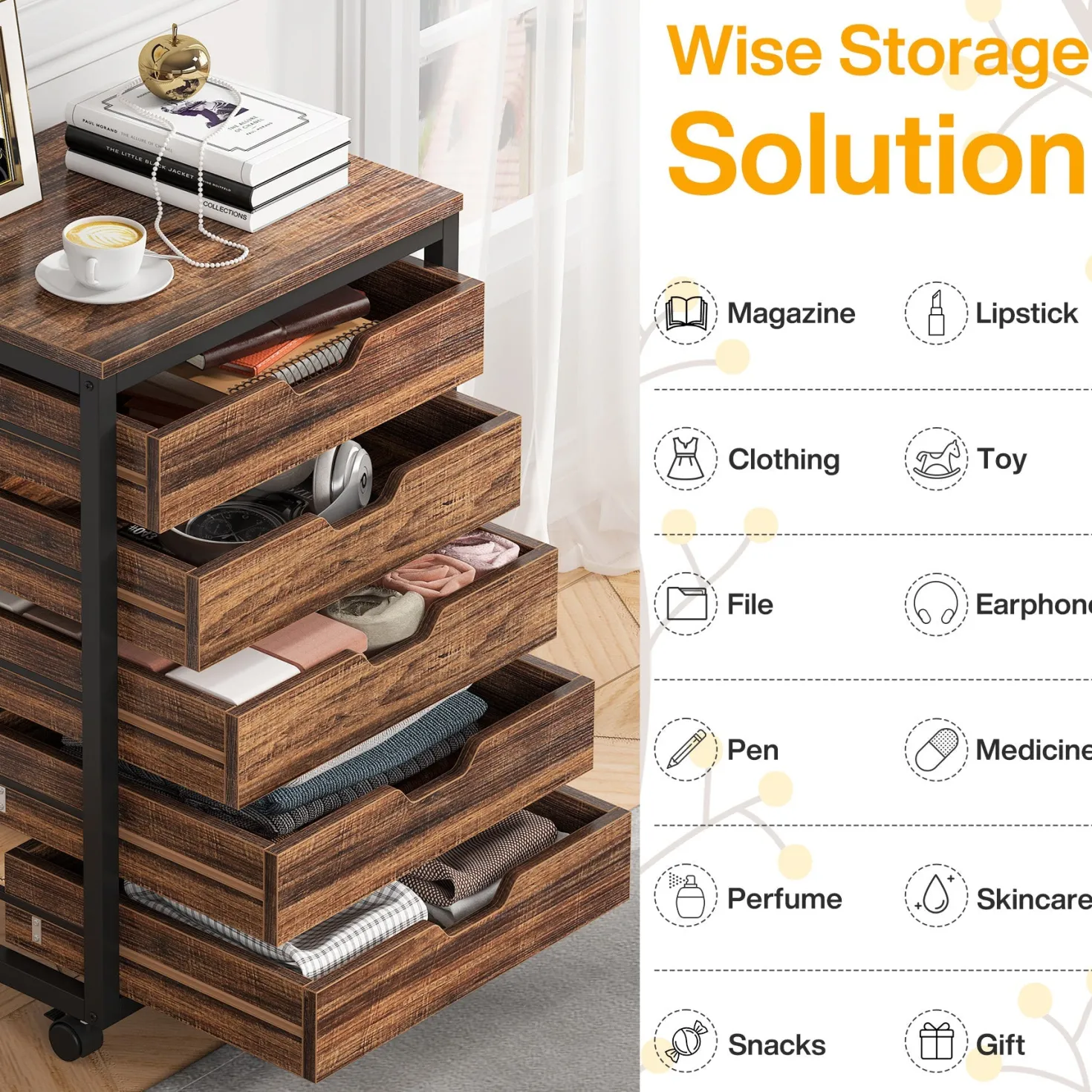 5/7 Drawer Chest, Wooden Storage Dresser Cabinet with Wheels