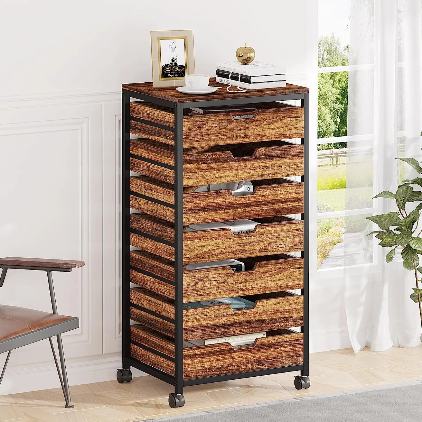 5/7 Drawer Chest, Wooden Storage Dresser Cabinet with Wheels