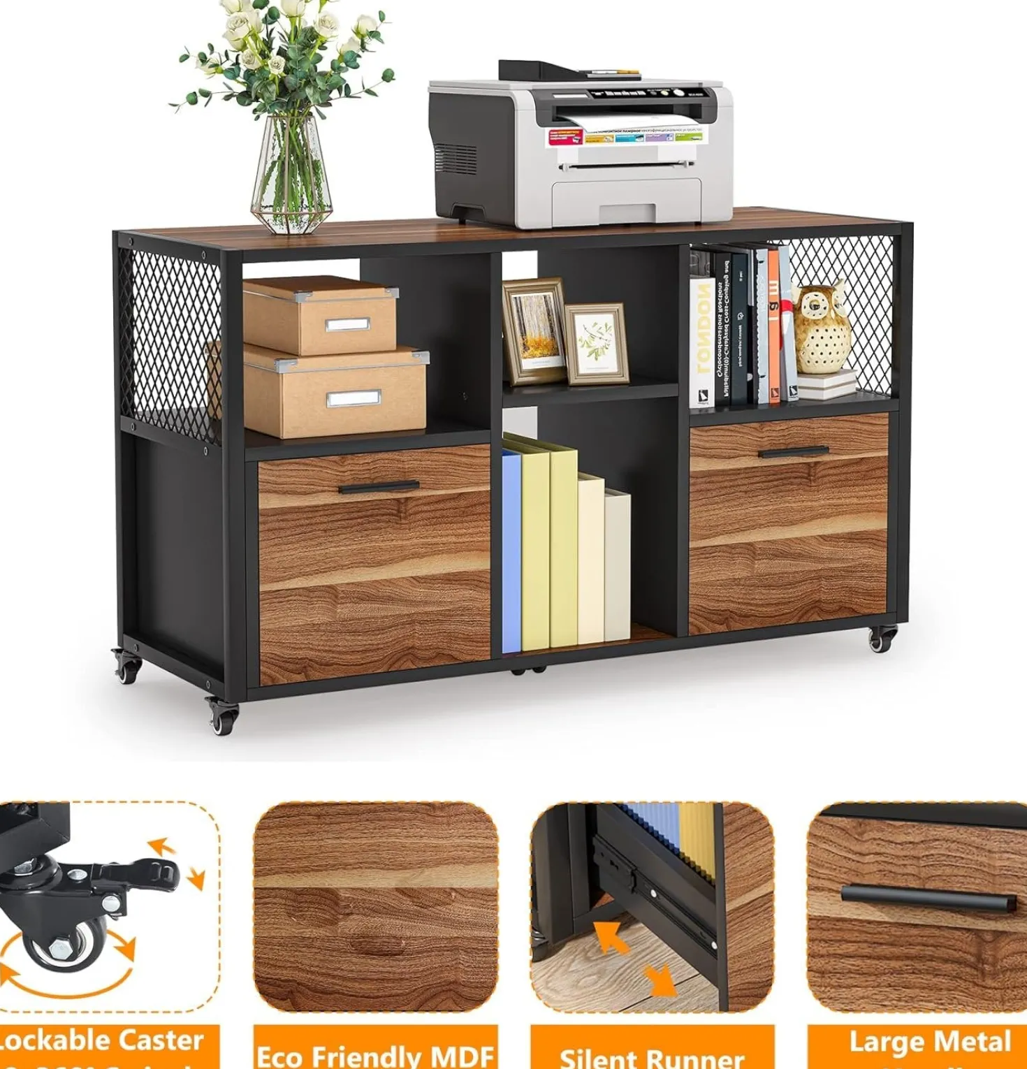 2 Drawer File Cabinet, Wood Mobile Lateral Filing Cabinet