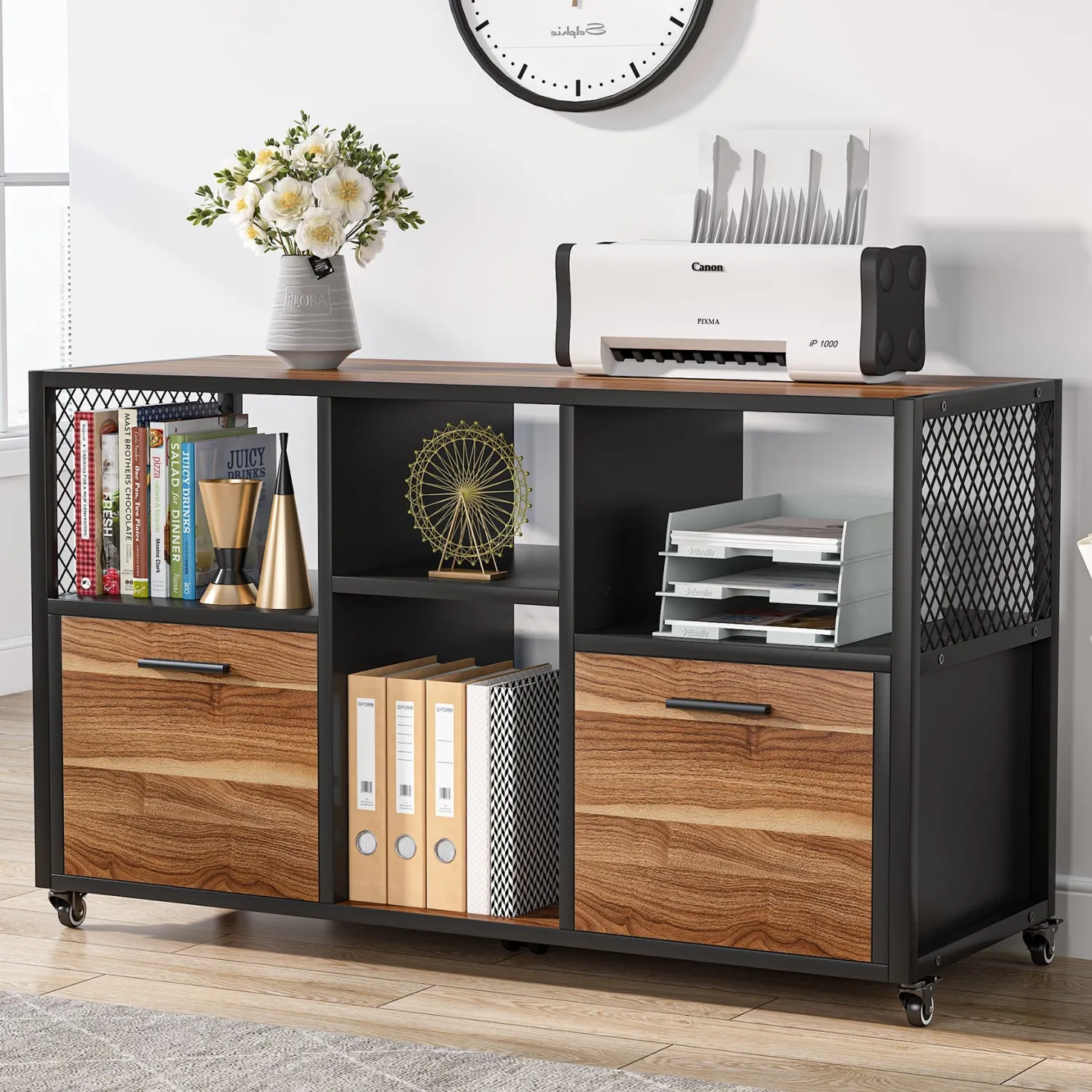 2 Drawer File Cabinet, Wood Mobile Lateral Filing Cabinet