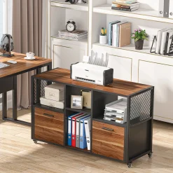 2 Drawer File Cabinet, Wood Mobile Lateral Filing Cabinet