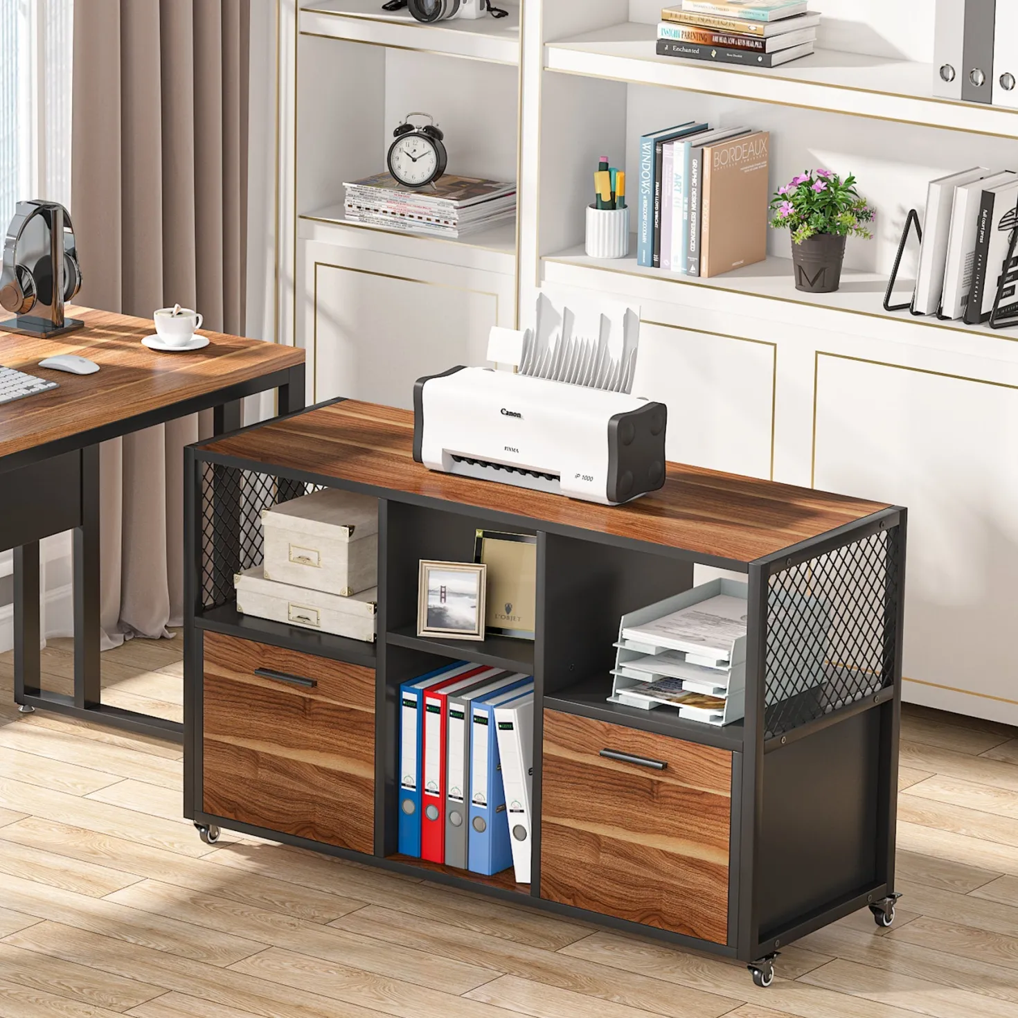 2 Drawer File Cabinet, Wood Mobile Lateral Filing Cabinet
