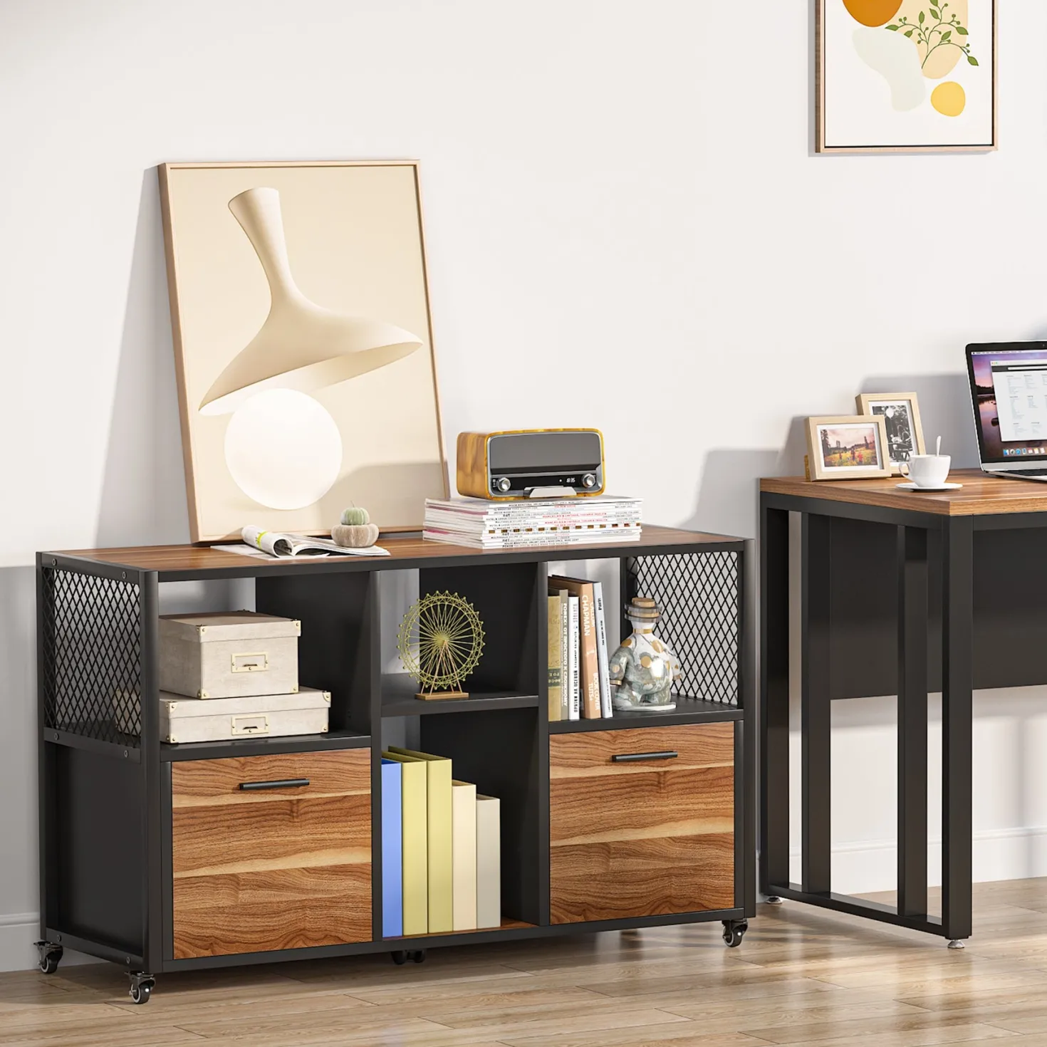 2 Drawer File Cabinet, Wood Mobile Lateral Filing Cabinet