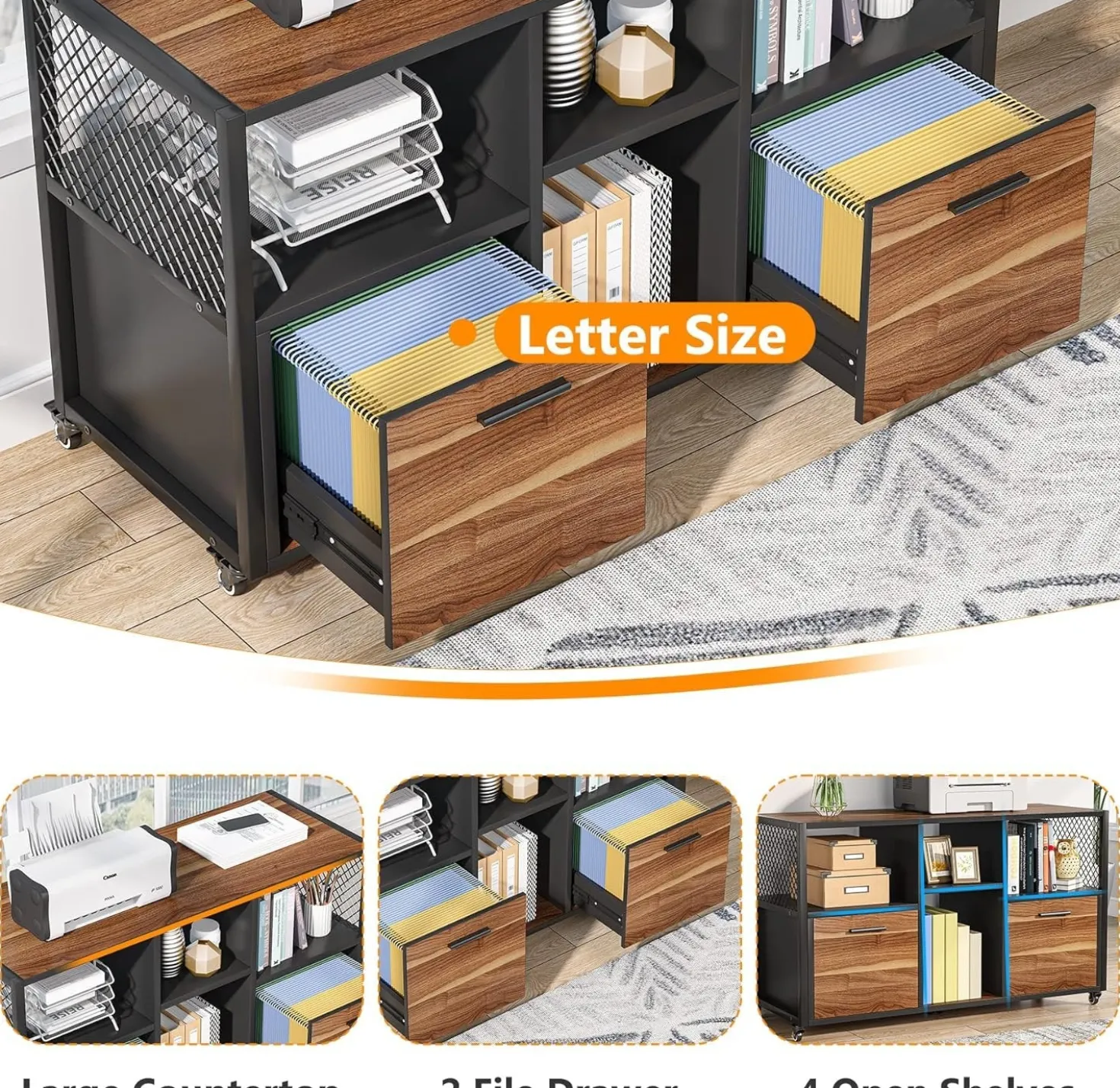 2 Drawer File Cabinet, Wood Mobile Lateral Filing Cabinet