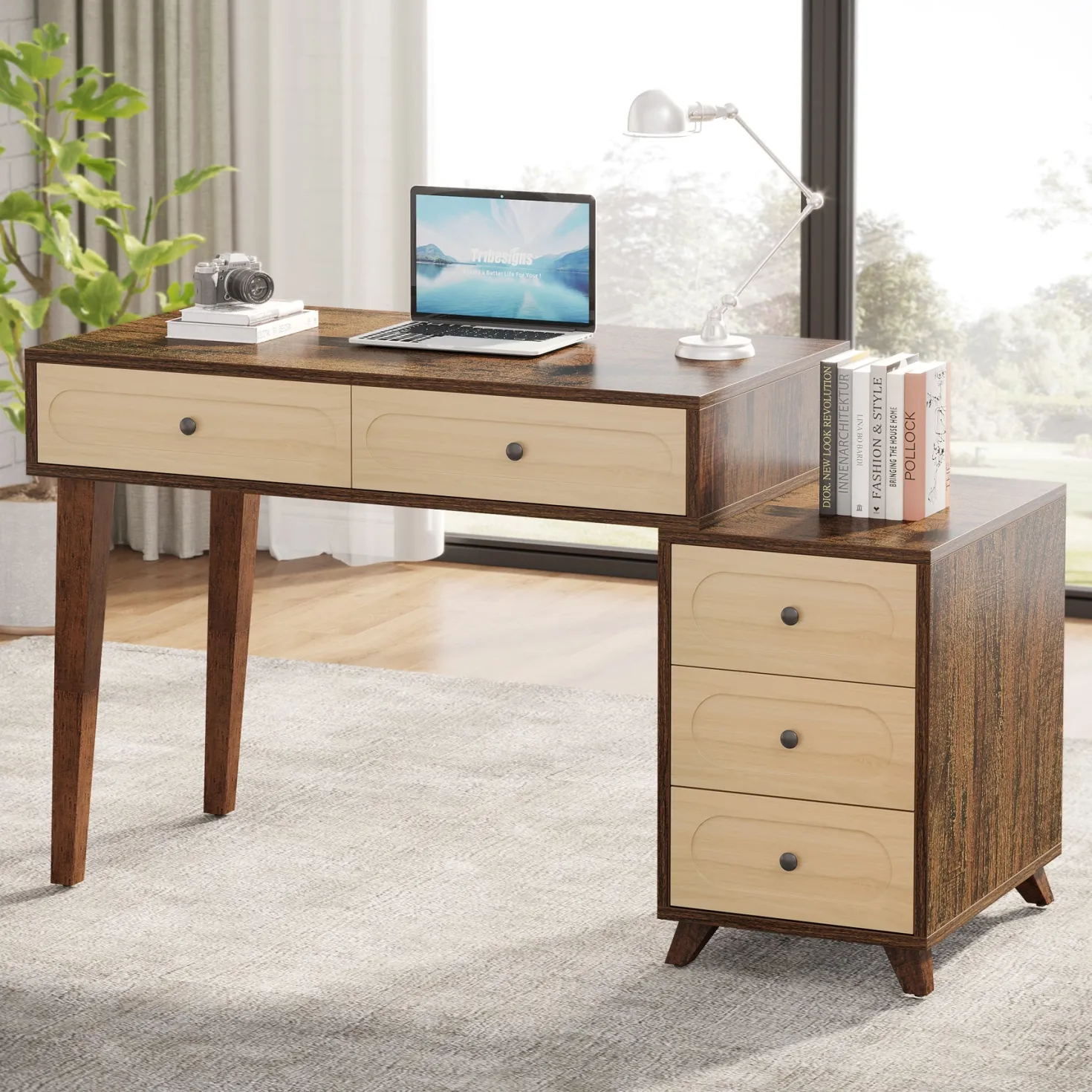 5 Drawers Computer Desk, 51" Study Writing Table with Reversible Drawer Cabinet