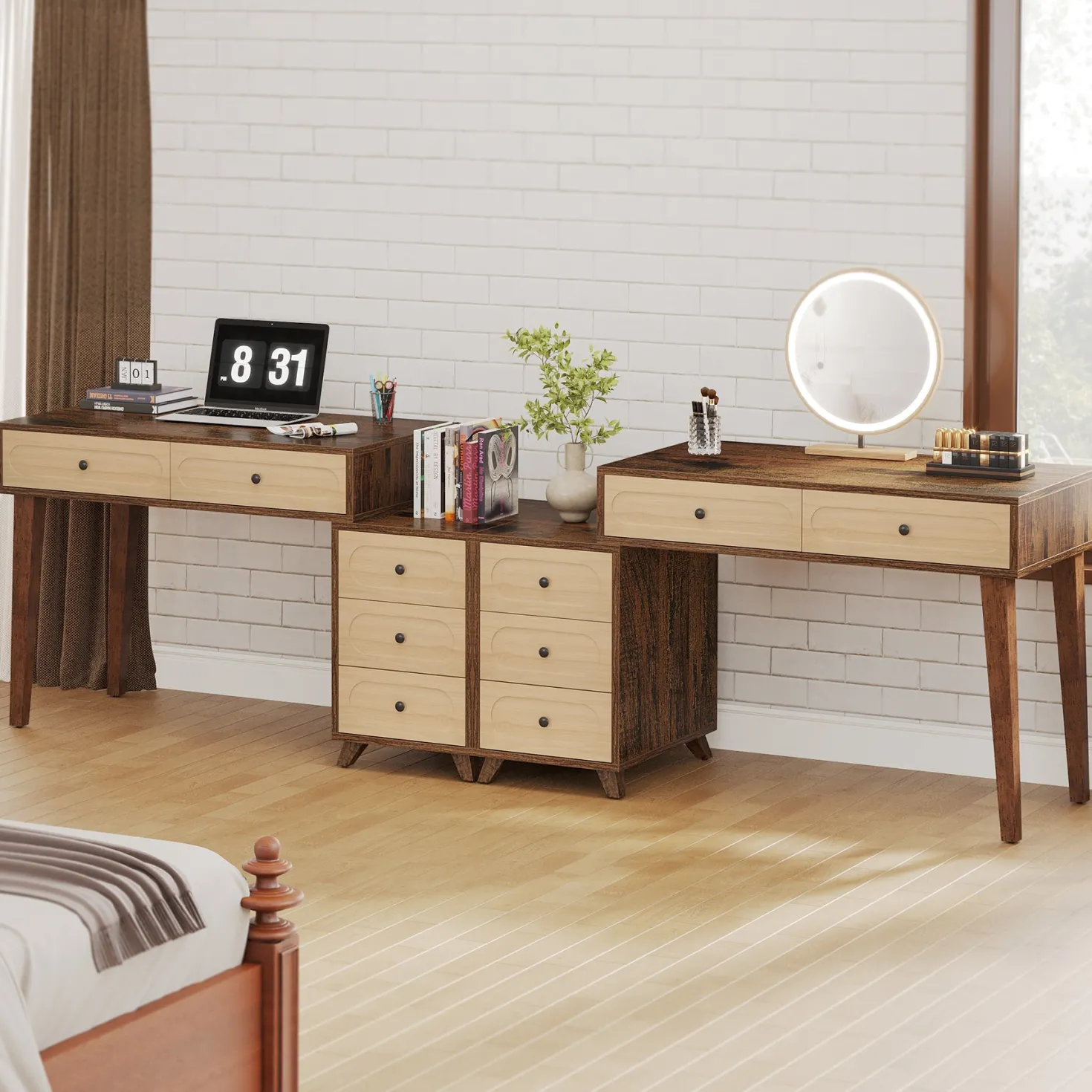 5 Drawers Computer Desk, 51" Study Writing Table with Reversible Drawer Cabinet