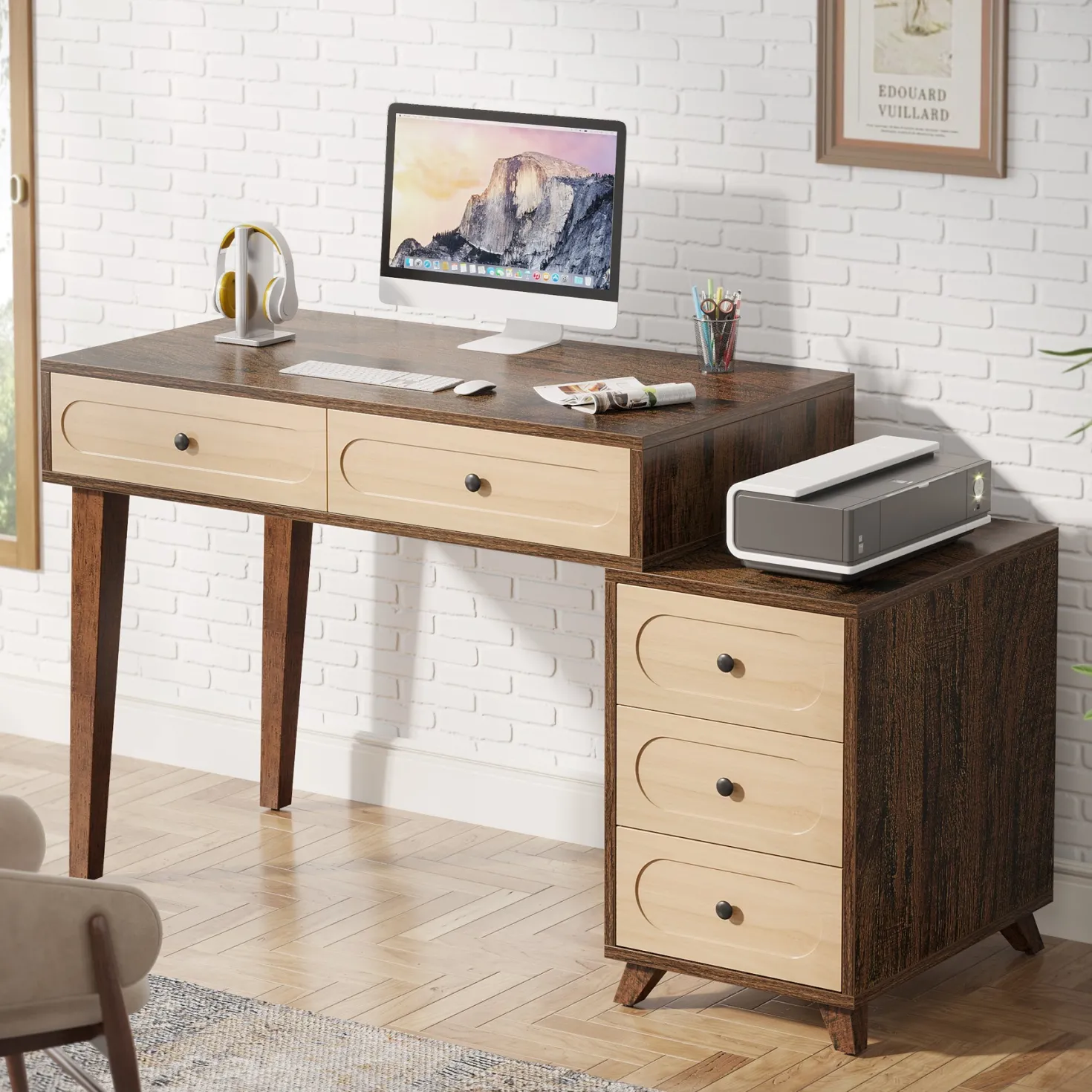 5 Drawers Computer Desk, 51" Study Writing Table with Reversible Drawer Cabinet