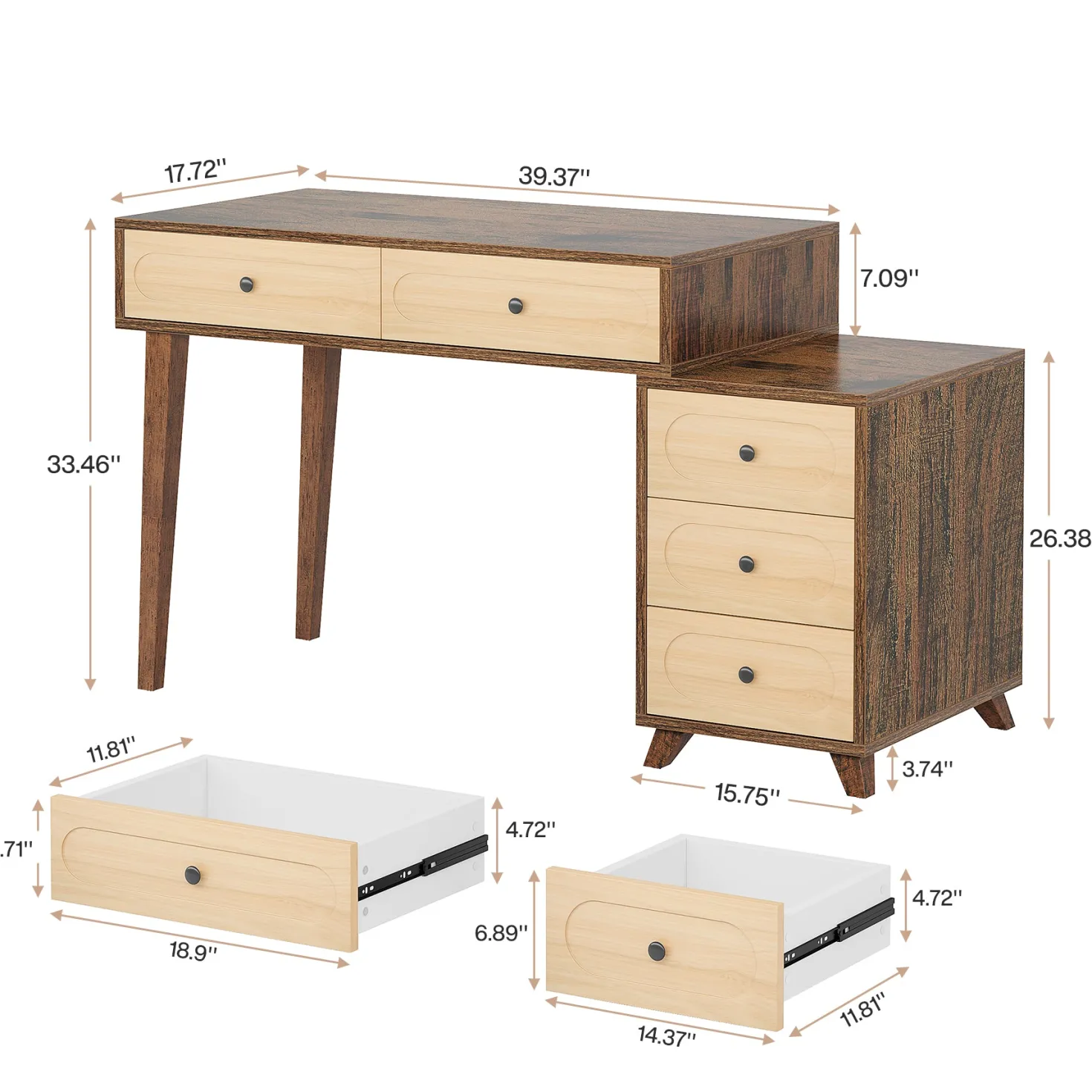 5 Drawers Computer Desk, 51" Study Writing Table with Reversible Drawer Cabinet