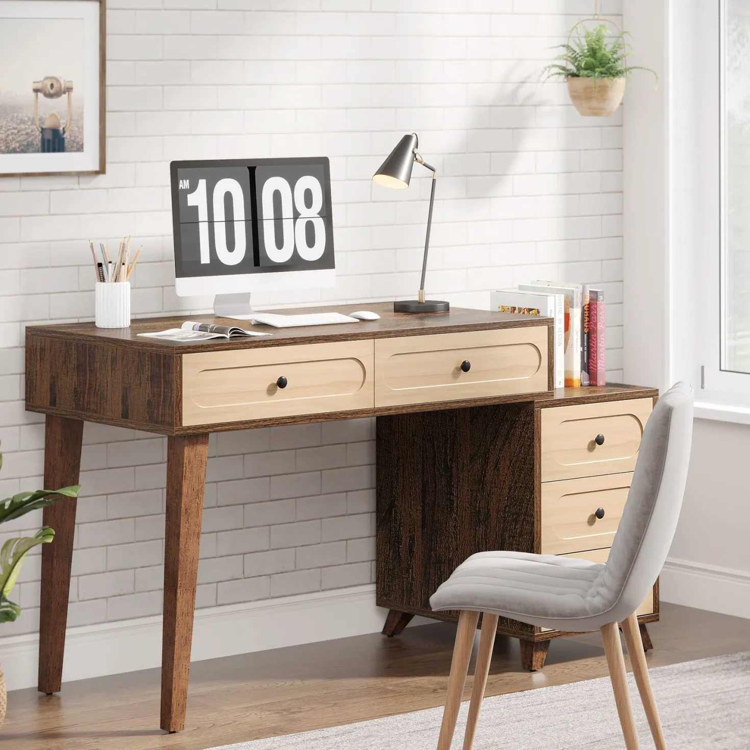 5 Drawers Computer Desk, 51" Study Writing Table with Reversible Drawer Cabinet