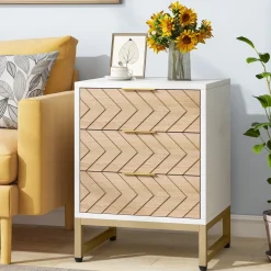 3 Drawers Nightstand, Modern Bedside End Table with Metal Frame
