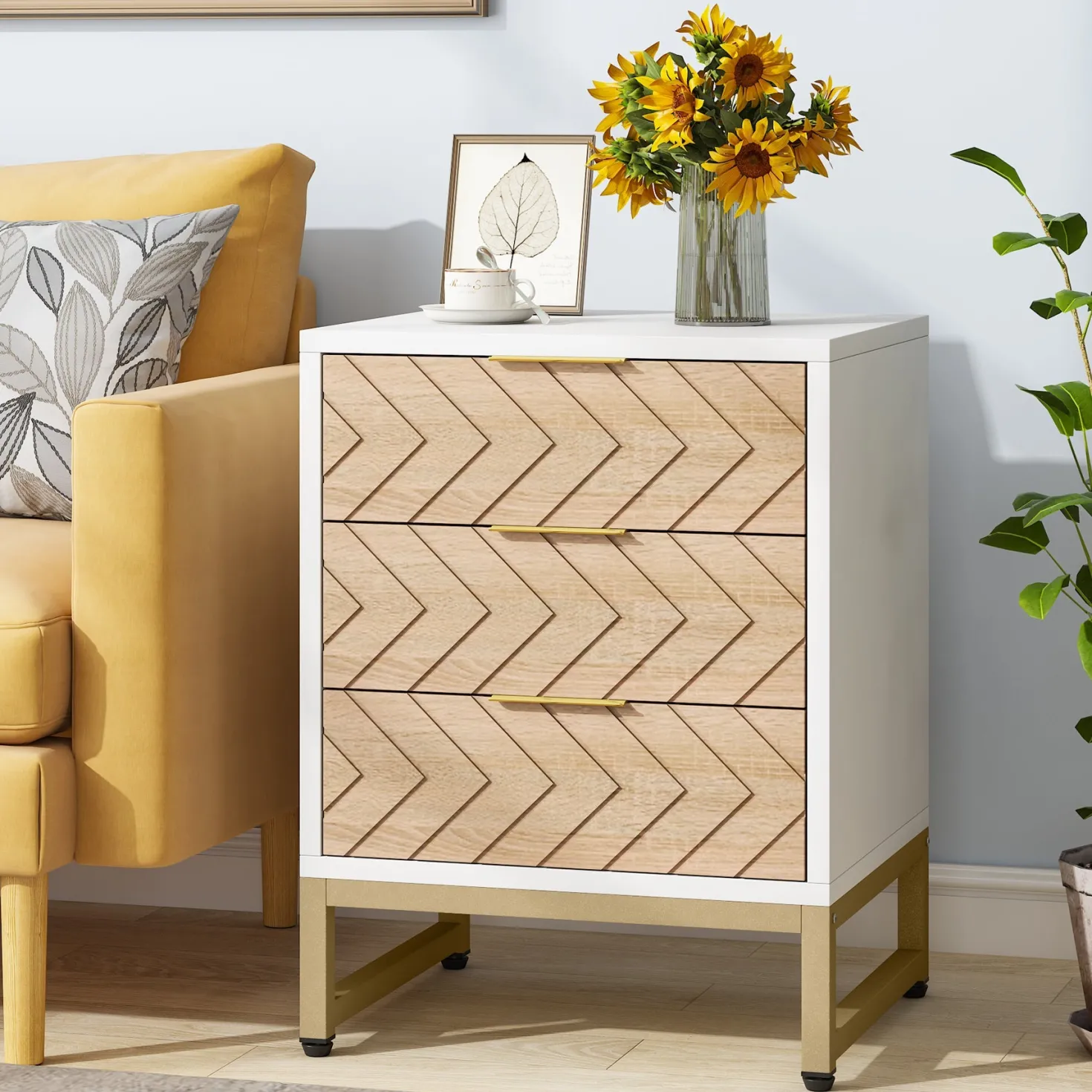 3 Drawers Nightstand, Modern Bedside End Table with Metal Frame