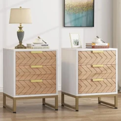3 Drawers Nightstand, Modern Bedside End Table with Metal Frame