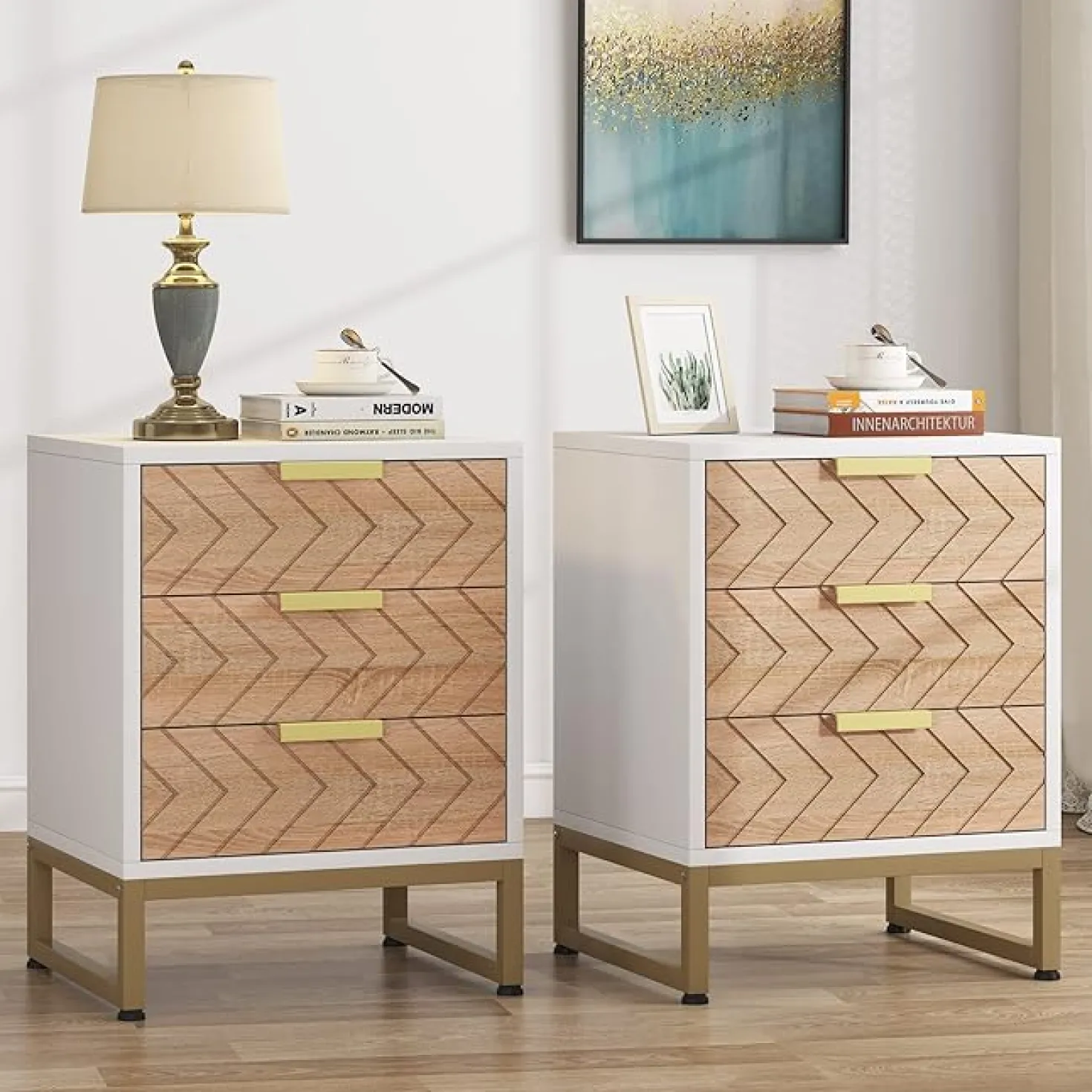 3 Drawers Nightstand, Modern Bedside End Table with Metal Frame