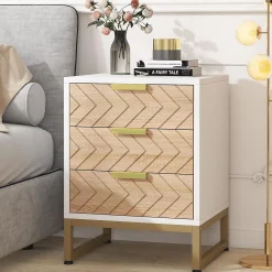 3 Drawers Nightstand, Modern Bedside End Table with Metal Frame
