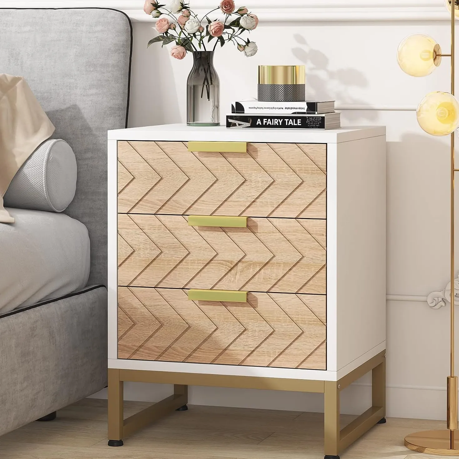 3 Drawers Nightstand, Modern Bedside End Table with Metal Frame