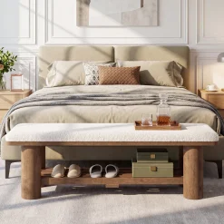 62.9" End of Bed Bench with Faux Lamb Wool Cushion for Bedroom