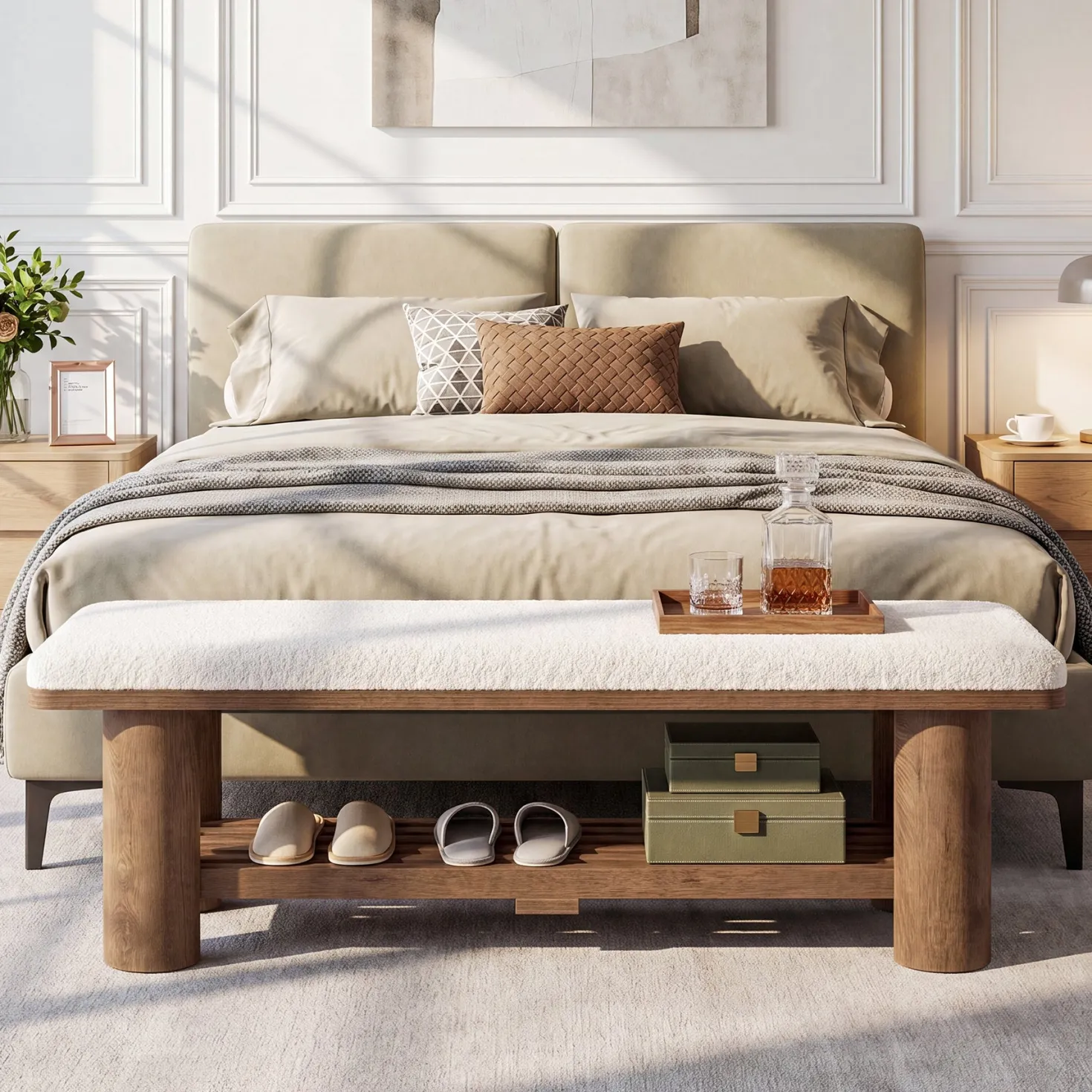 62.9" End of Bed Bench with Faux Lamb Wool Cushion for Bedroom