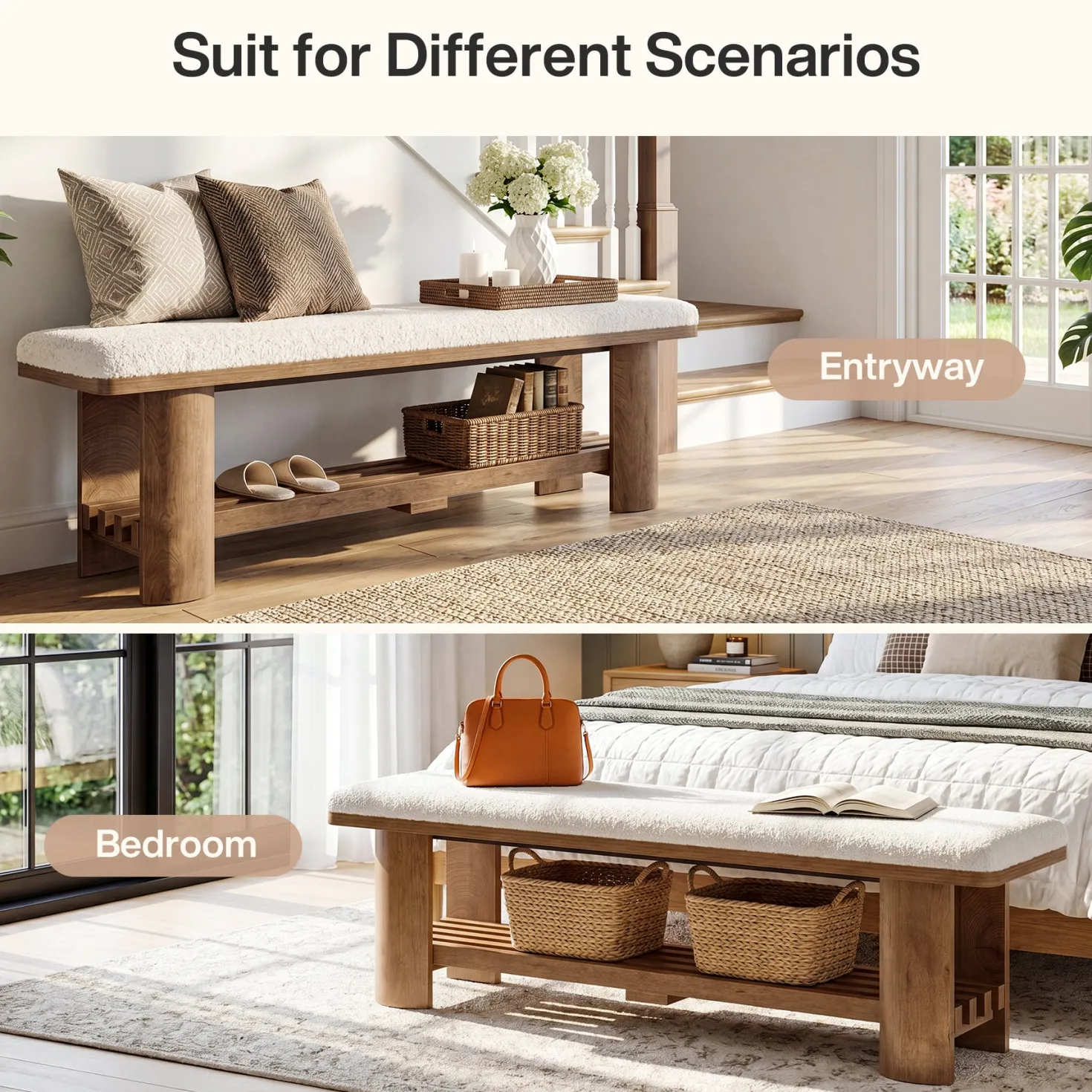 62.9" End of Bed Bench with Faux Lamb Wool Cushion for Bedroom