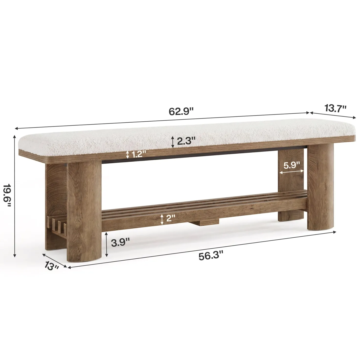 62.9" End of Bed Bench with Faux Lamb Wool Cushion for Bedroom