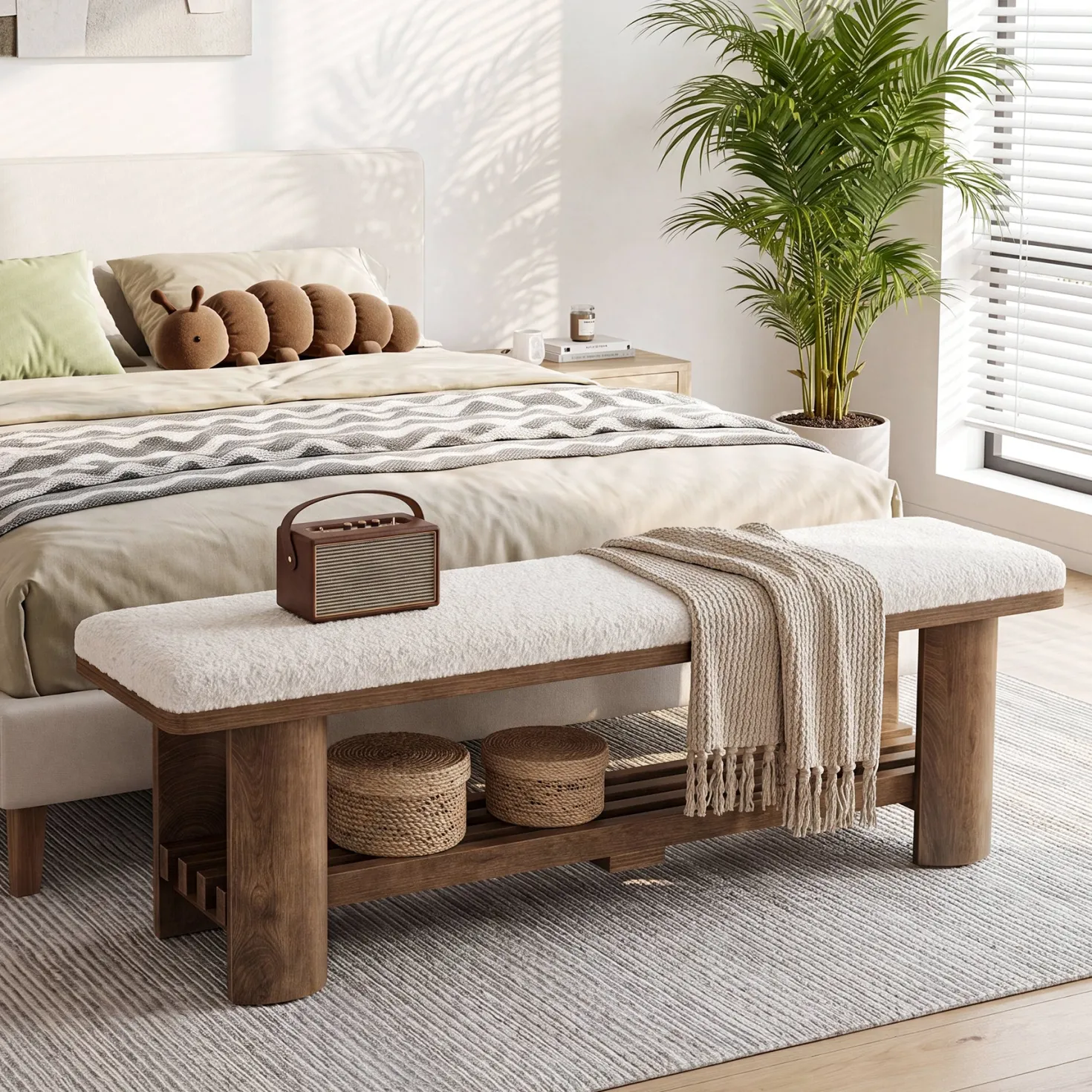 62.9" End of Bed Bench with Faux Lamb Wool Cushion for Bedroom