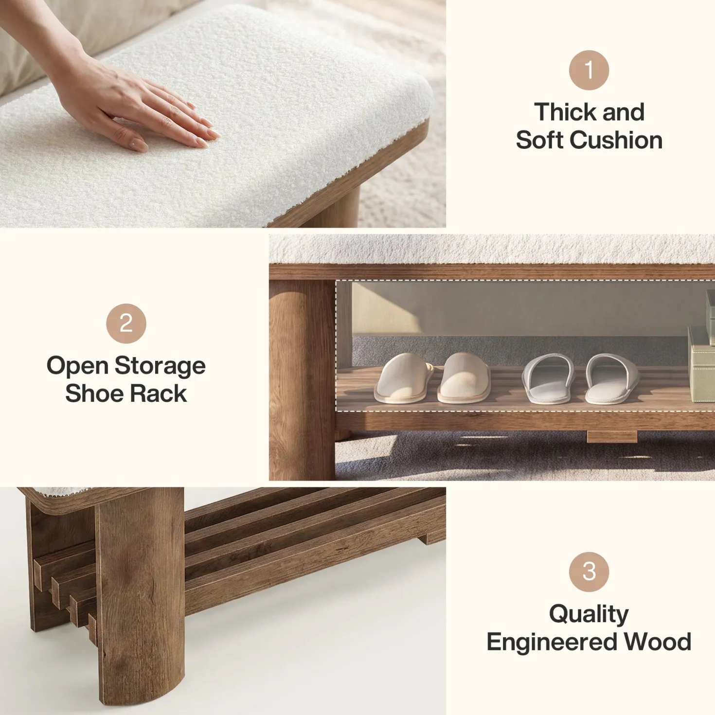 62.9" End of Bed Bench with Faux Lamb Wool Cushion for Bedroom