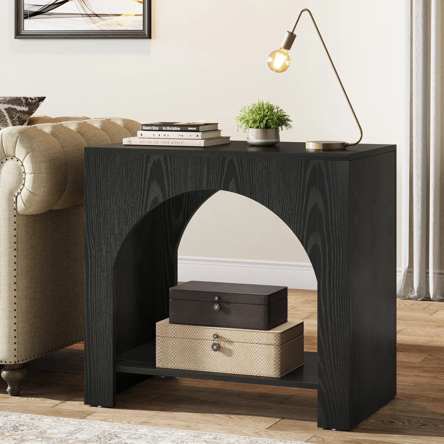 27" End Table, 2 Tier Square Side Table with Storage Shelf
