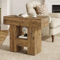 31.5" End Table, Farmhouse Sofa Side Table with 2-Tier Shelf and Heavy Duty Base