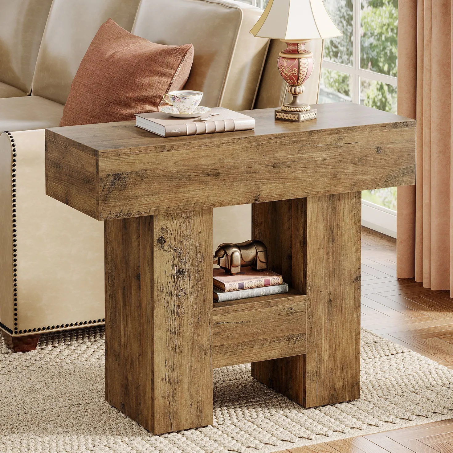 31.5" End Table, Farmhouse Sofa Side Table with 2-Tier Shelf and Heavy Duty Base