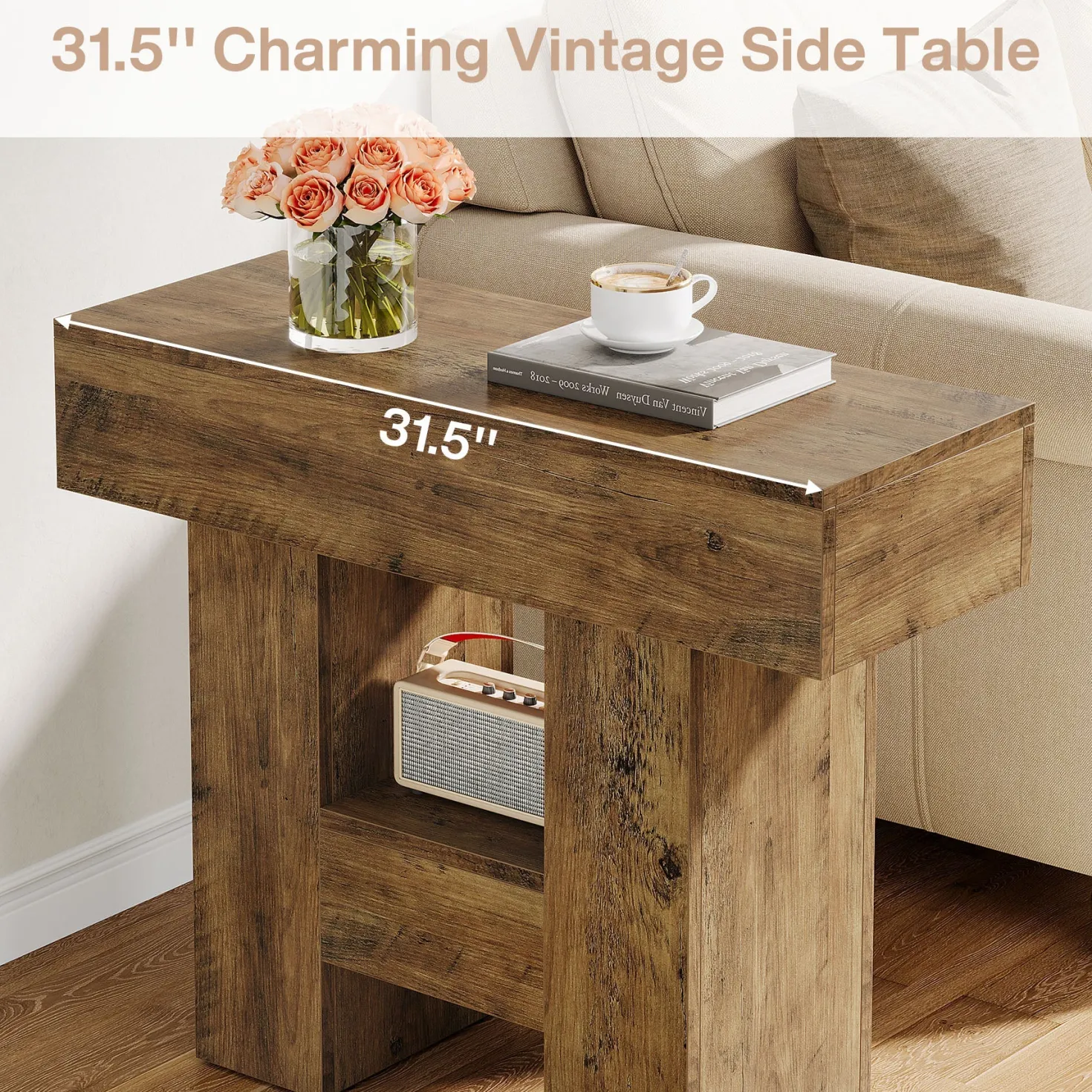 31.5" End Table, Farmhouse Sofa Side Table with 2-Tier Shelf and Heavy Duty Base