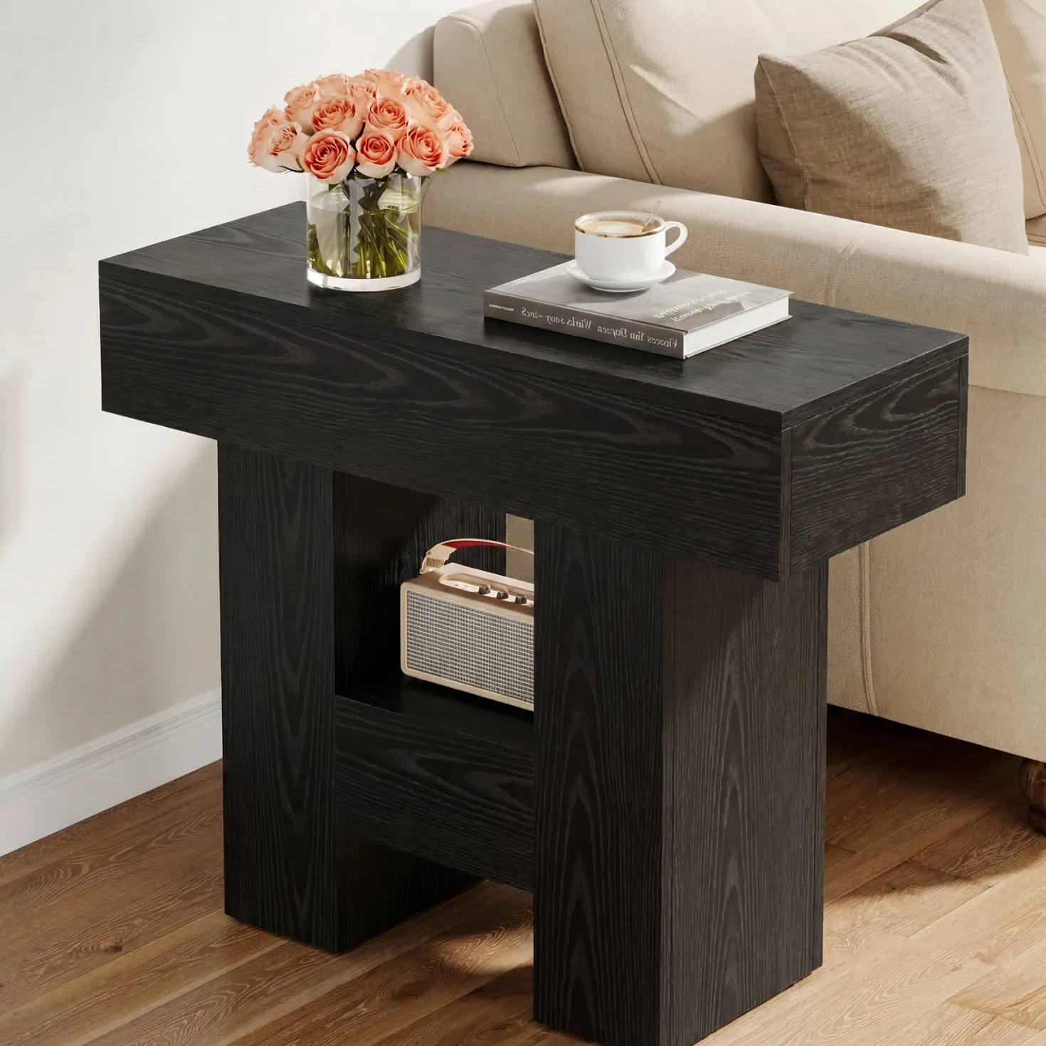 31.5" End Table, Farmhouse Sofa Side Table with 2-Tier Shelf and Heavy Duty Base