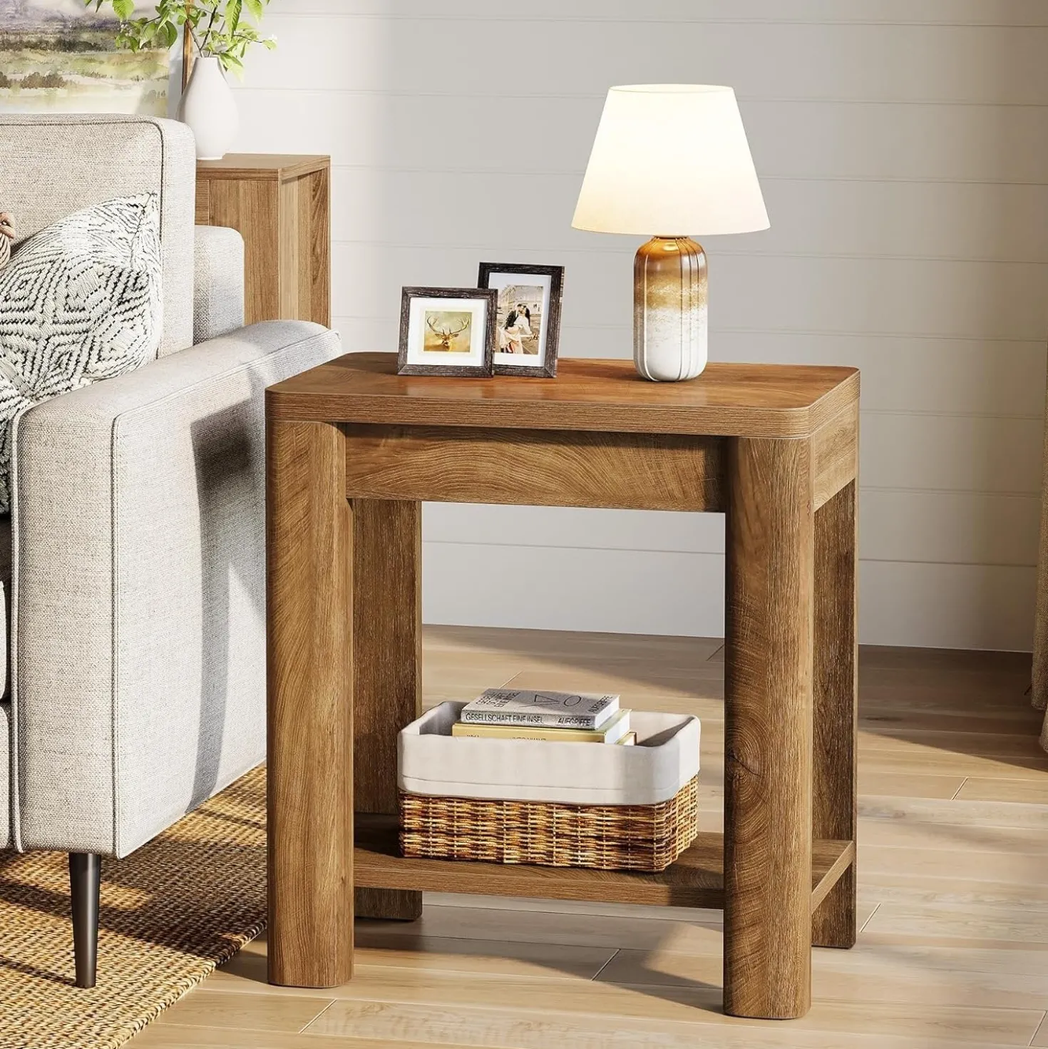 23.6" End Table, Farmhouse Wooden Side Table with Storage Shelf