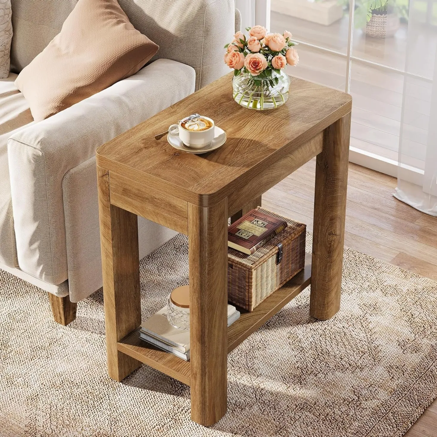 23.6" End Table, Farmhouse Wooden Side Table with Storage Shelf