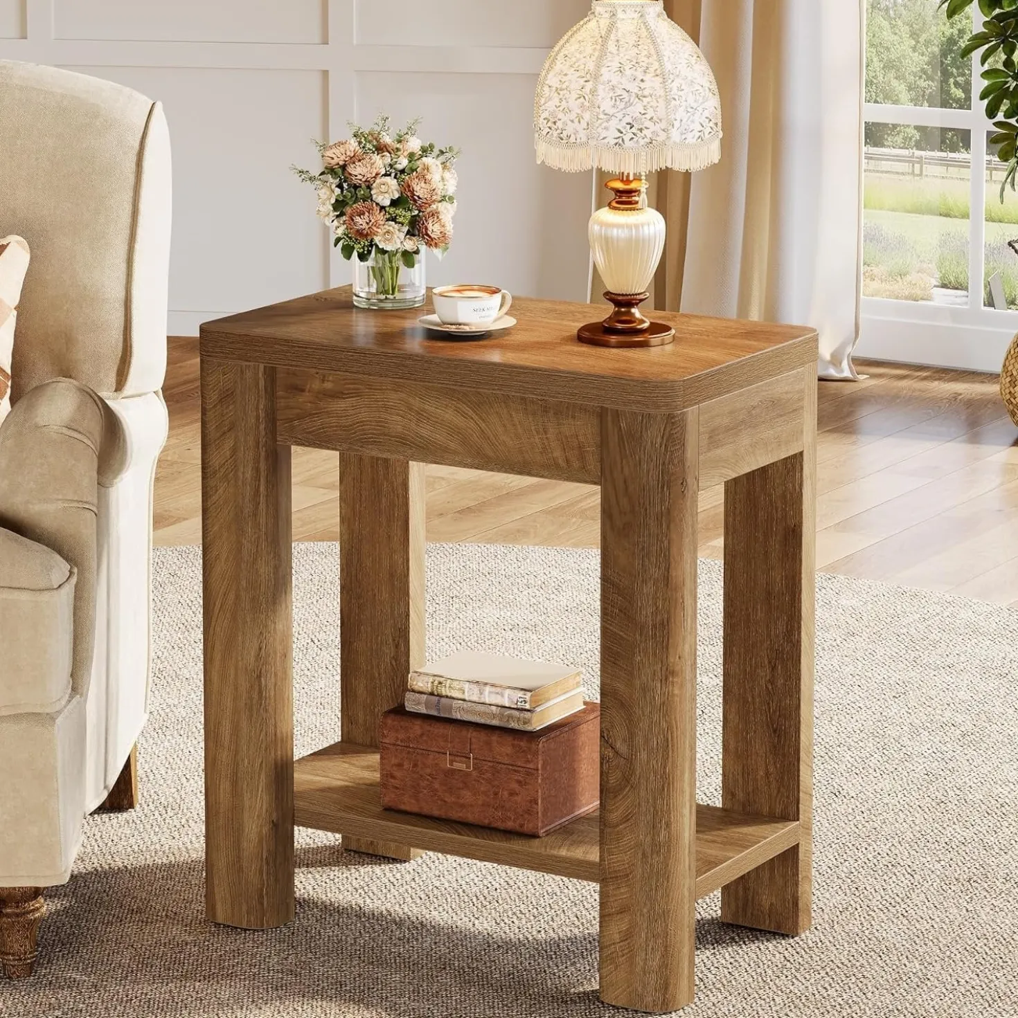 23.6" End Table, Farmhouse Wooden Side Table with Storage Shelf