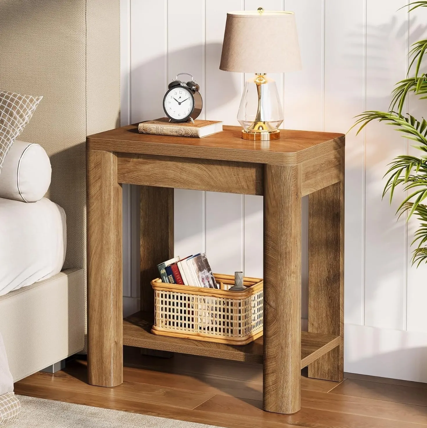 23.6" End Table, Farmhouse Wooden Side Table with Storage Shelf