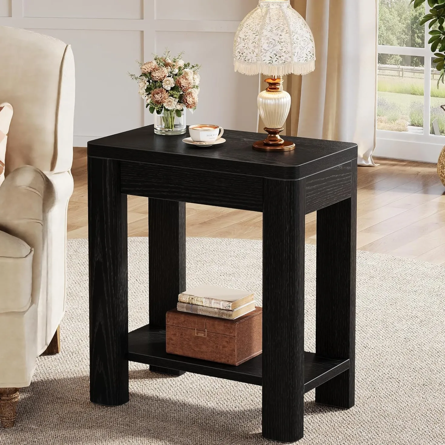 23.6" End Table, Farmhouse Wooden Side Table with Storage Shelf