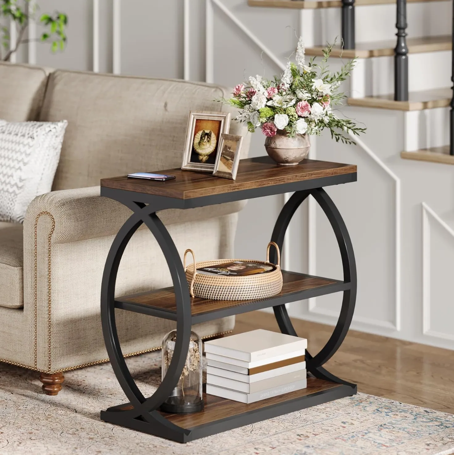 23.6" End Table, Narrow 3-Tier Side Table with Oval Metal Frame