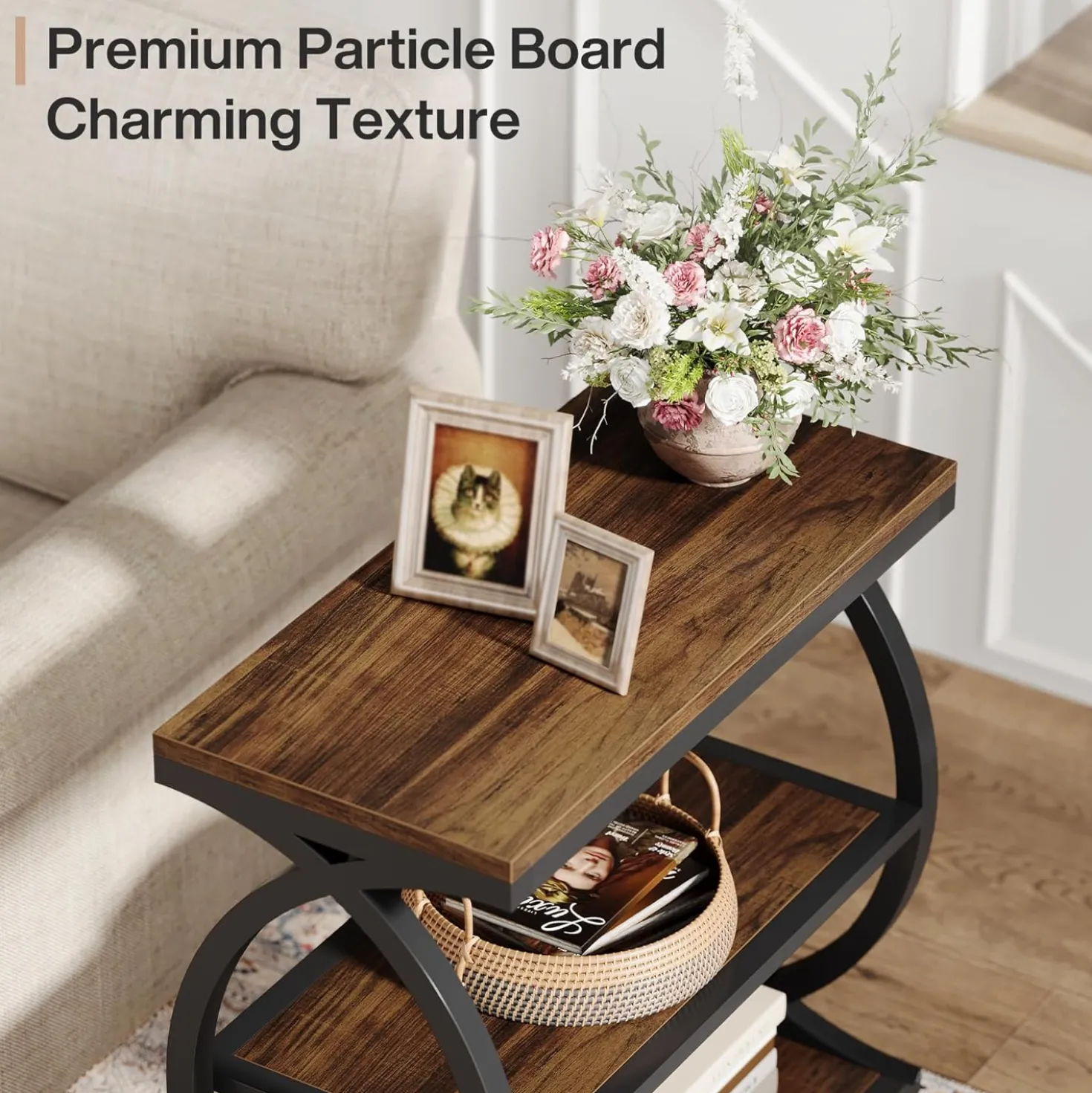 23.6" End Table, Narrow 3-Tier Side Table with Oval Metal Frame