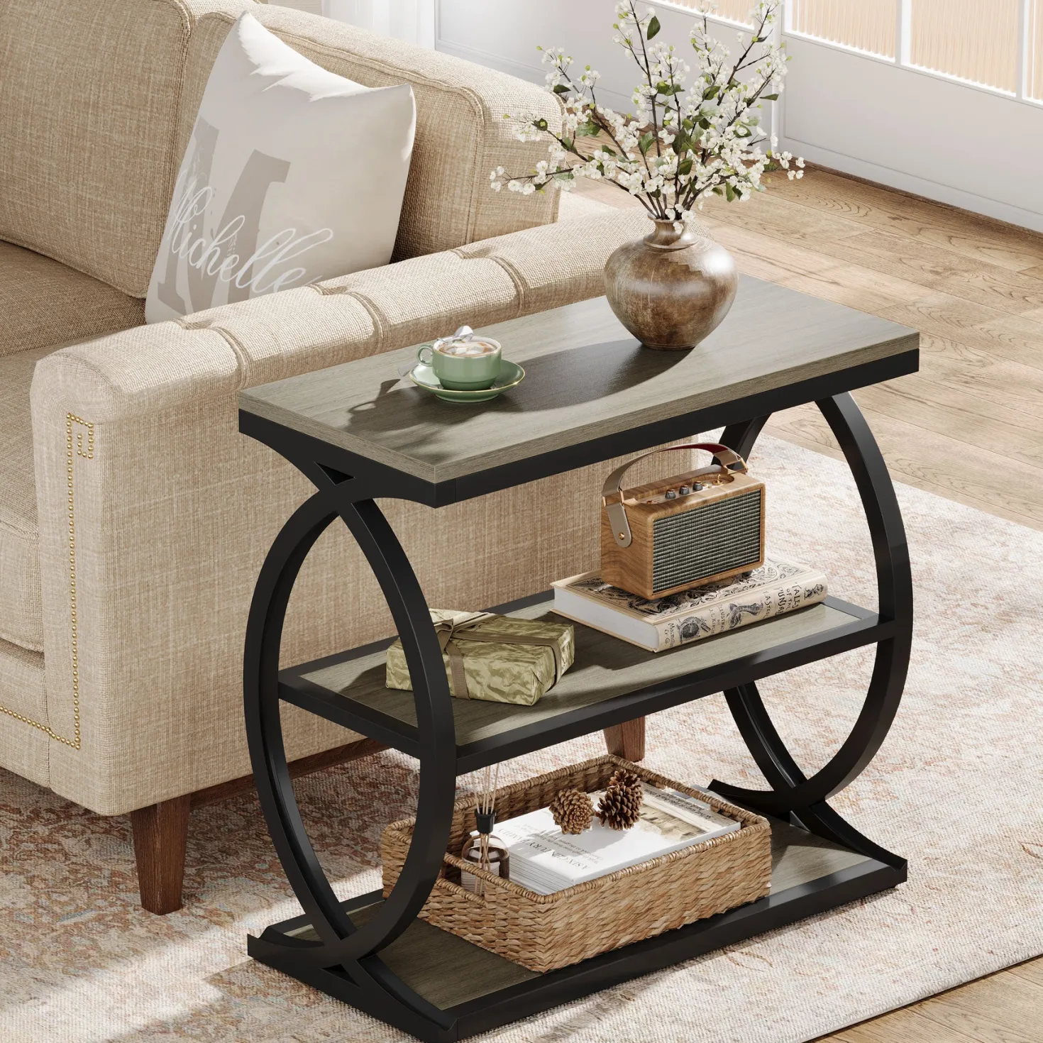 23.6" End Table, Narrow 3-Tier Side Table with Oval Metal Frame