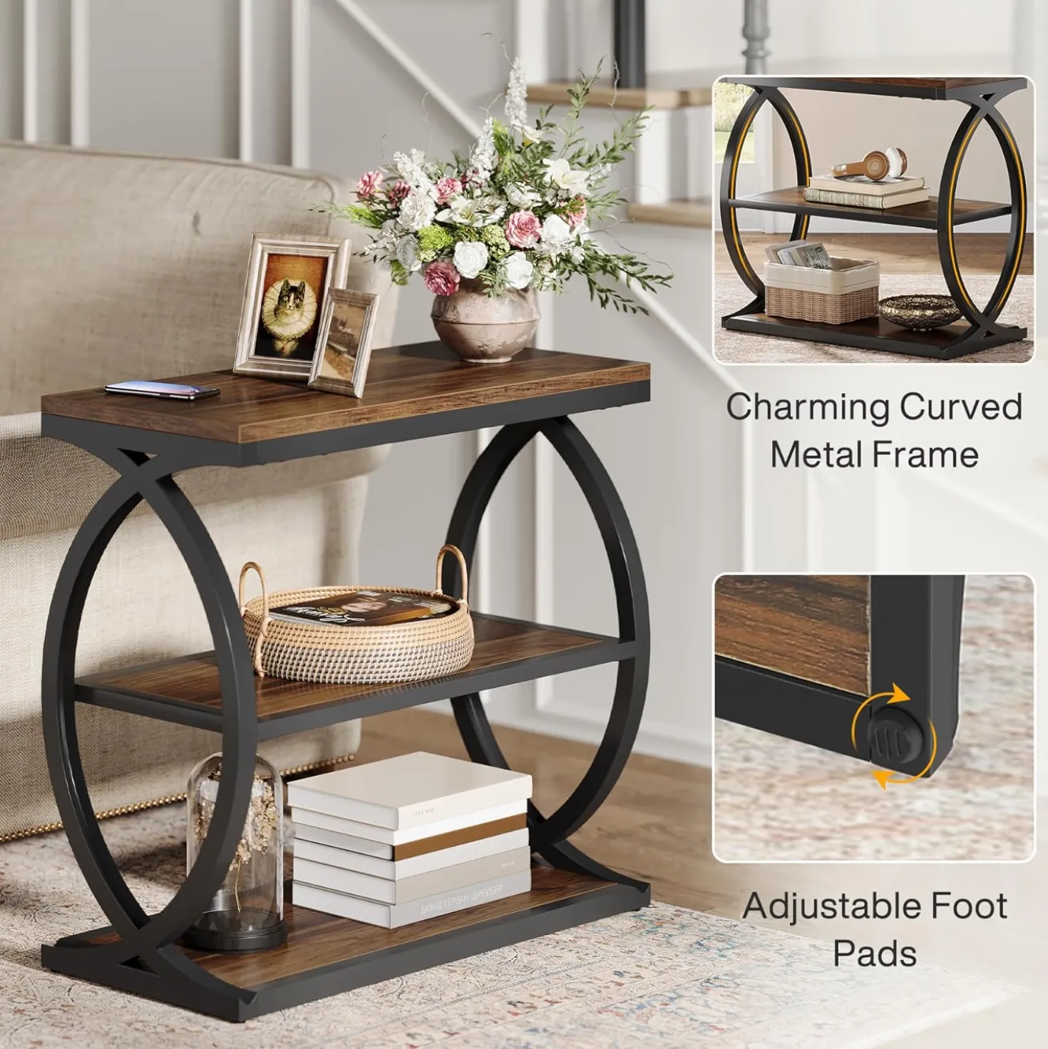 23.6" End Table, Narrow 3-Tier Side Table with Oval Metal Frame