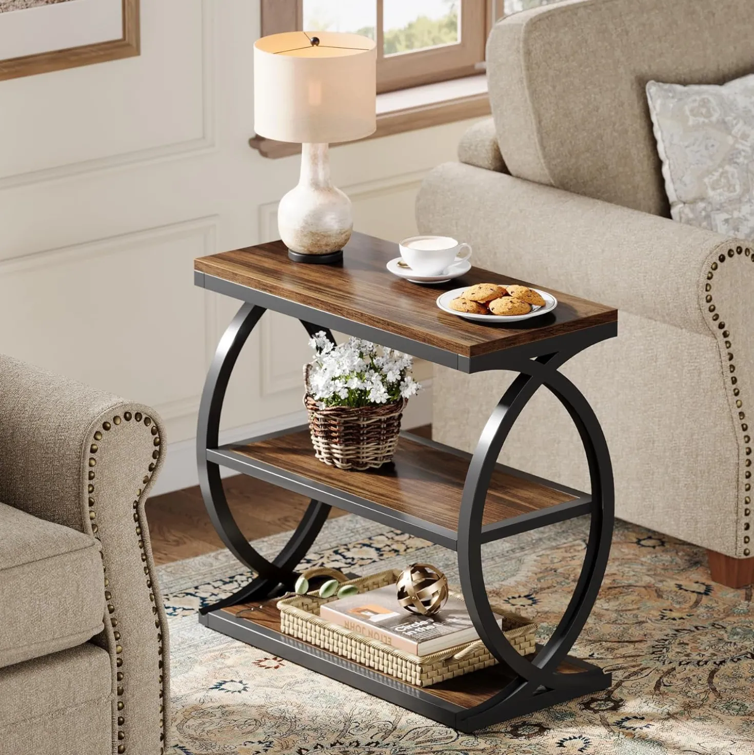 23.6" End Table, Narrow 3-Tier Side Table with Oval Metal Frame