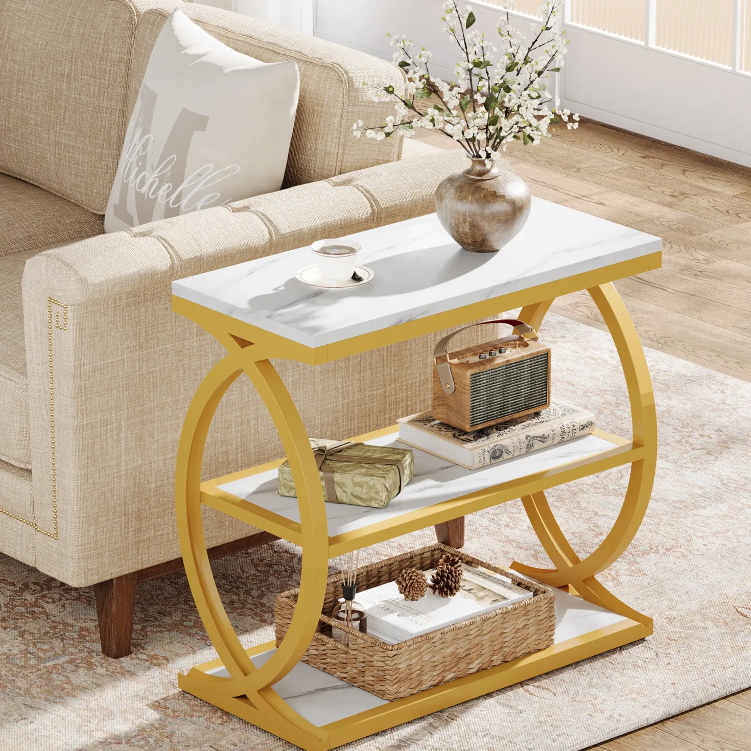 23.6" End Table, Narrow 3-Tier Side Table with Oval Metal Frame