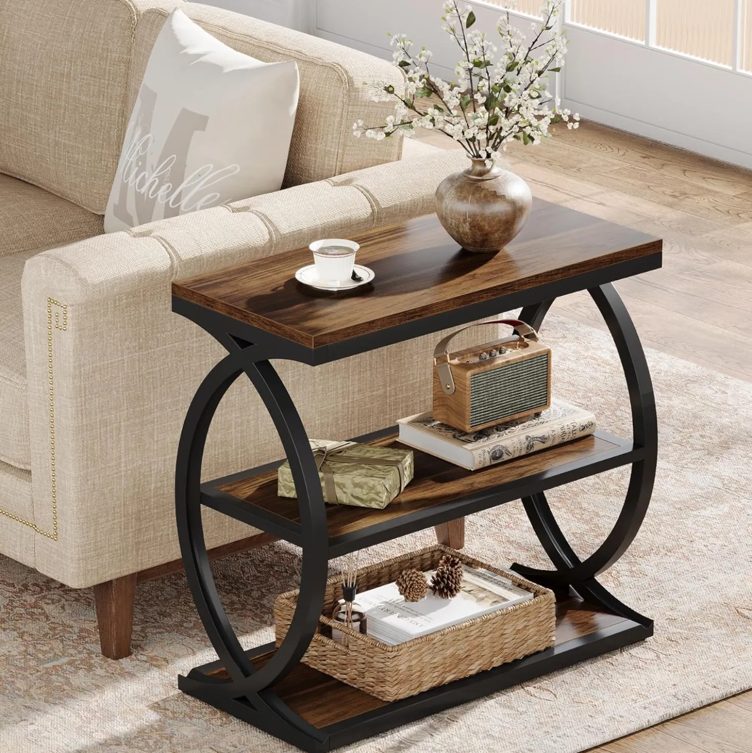 23.6" End Table, Narrow 3-Tier Side Table with Oval Metal Frame