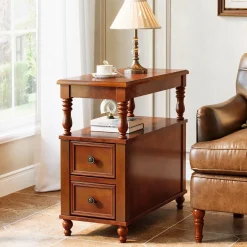 23.6" End Table, Solid Wood Accent Nightstand Bedside Table with Double Drawer