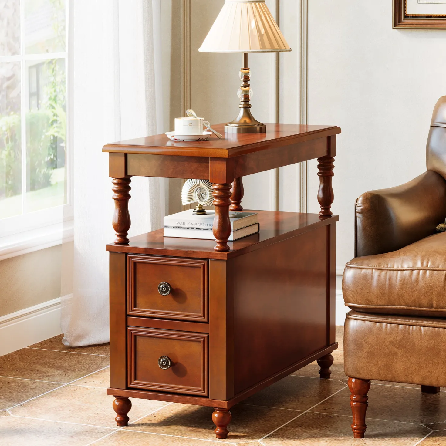 23.6" End Table, Solid Wood Accent Nightstand Bedside Table with Double Drawer