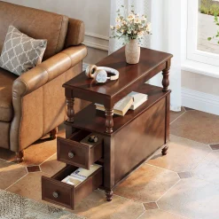 23.6" End Table, Solid Wood Accent Nightstand Bedside Table with Double Drawer