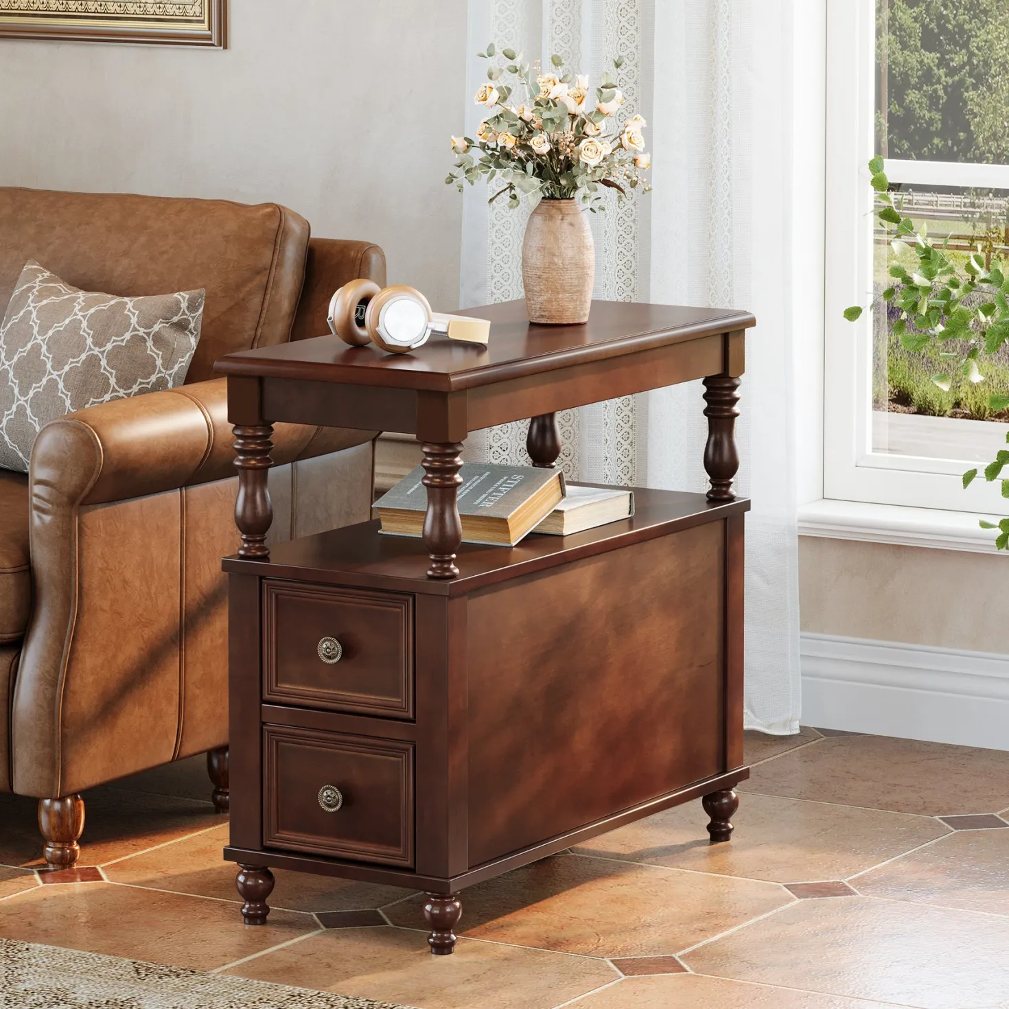 23.6" End Table, Solid Wood Accent Nightstand Bedside Table with Double Drawer
