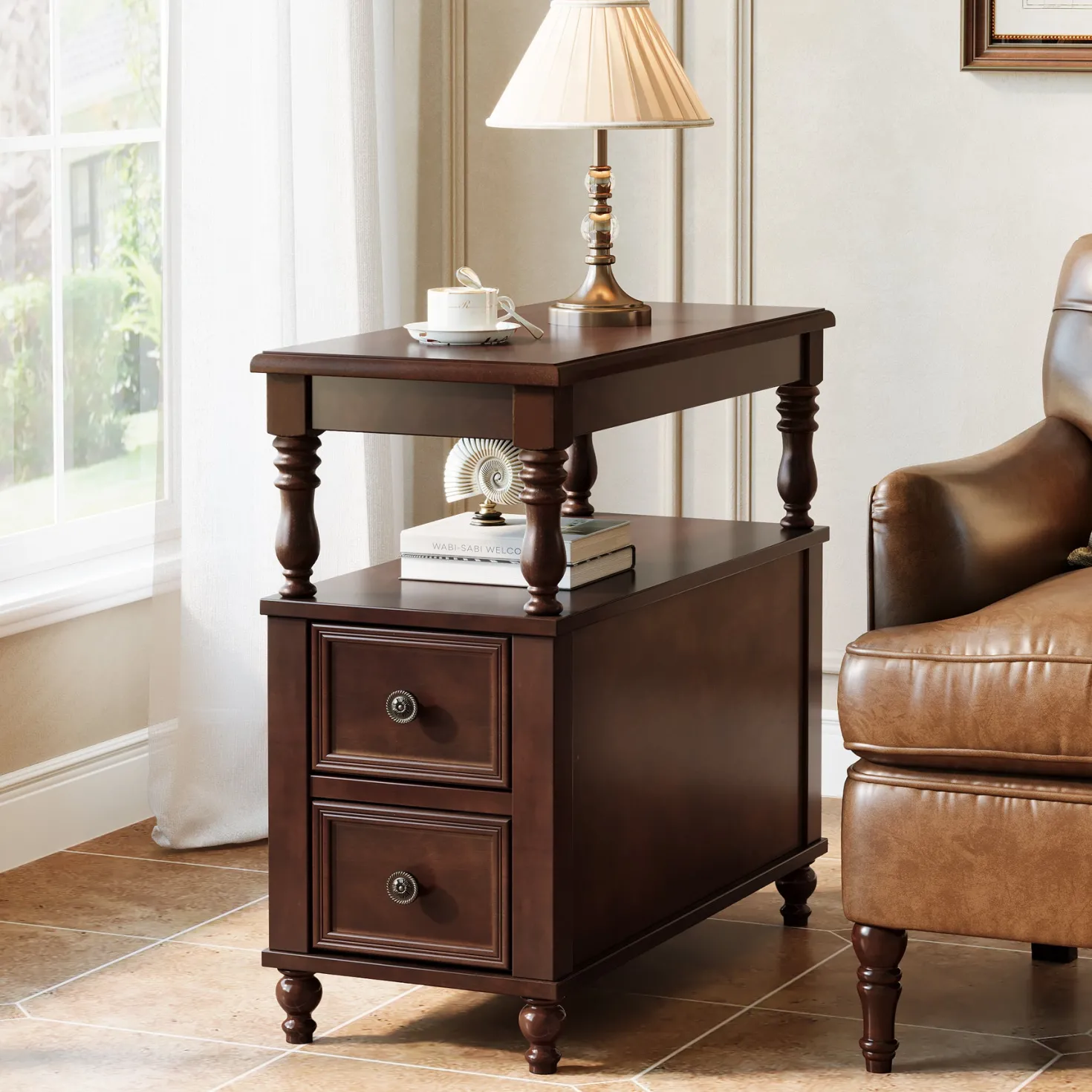 23.6" End Table, Solid Wood Accent Nightstand Bedside Table with Double Drawer