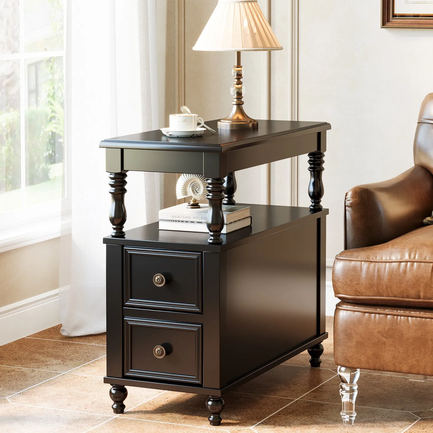 23.6" End Table, Solid Wood Accent Nightstand Bedside Table with Double Drawer