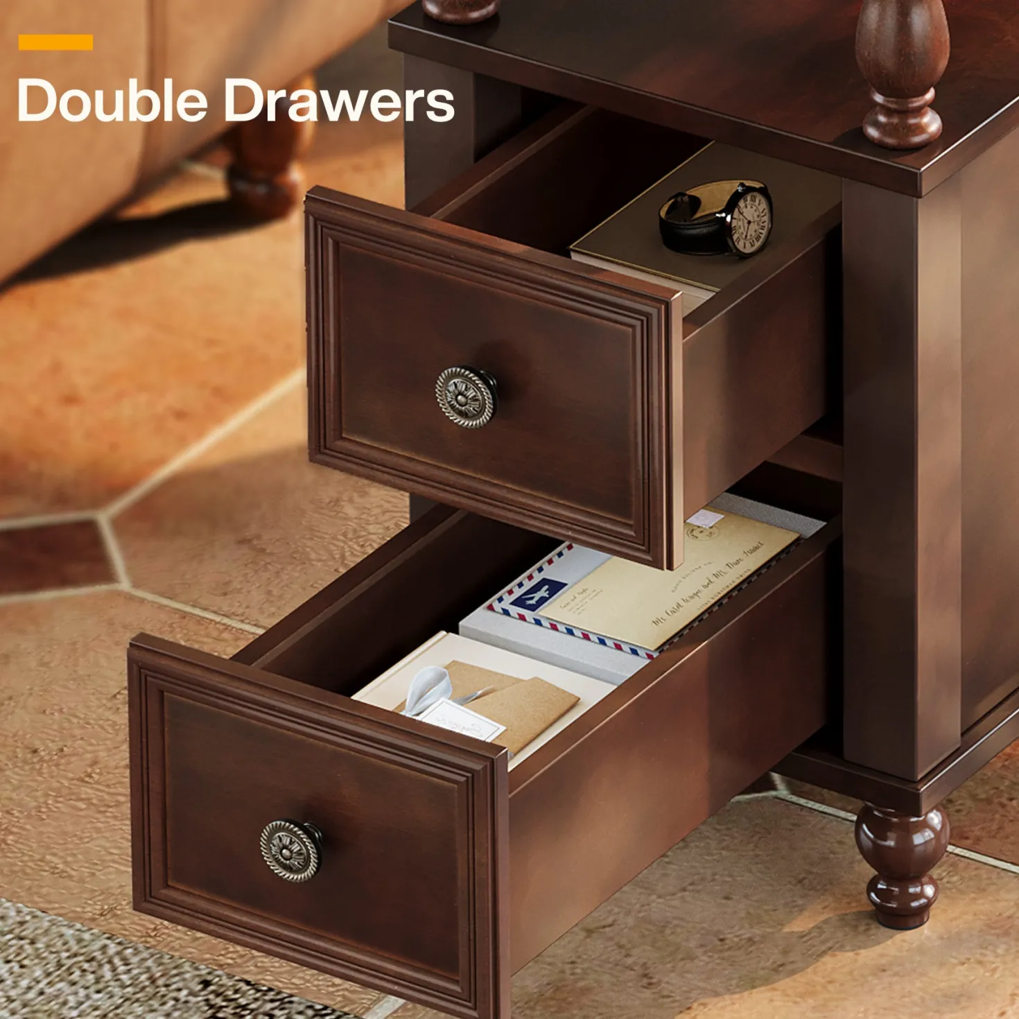 23.6" End Table, Solid Wood Accent Nightstand Bedside Table with Double Drawer