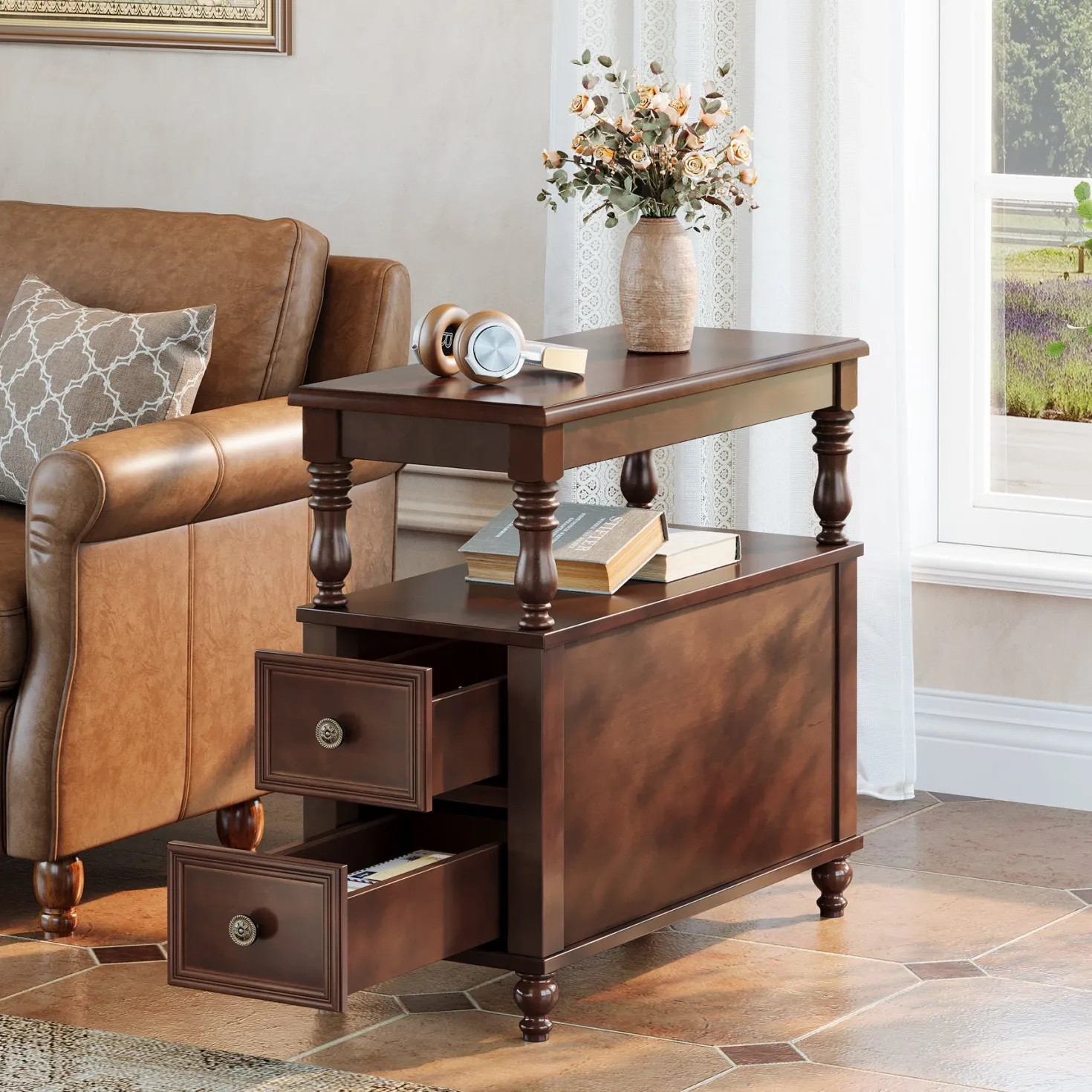 23.6" End Table, Solid Wood Accent Nightstand Bedside Table with Double Drawer
